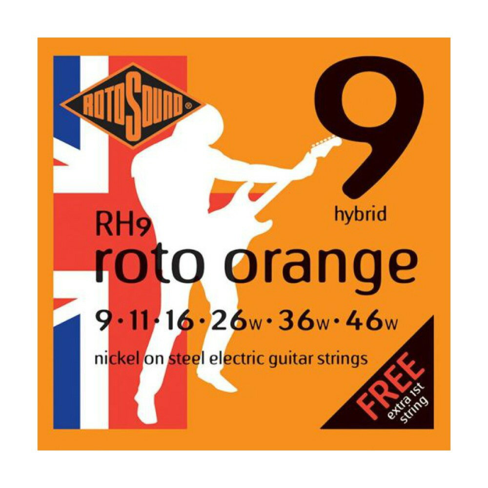 ROTOSOUND RH9 Roto Orange NICKEL HYBRID 9-46 エレキギター弦×3セット。【Rotos Hybrid Nickel on Steel RH9】RH9は、ベストセラーのエレクトリック・ギター弦です。シルキーなニッケル・メッキの巻弦とパワフルなスチール・コアの組み合わせにより、あらゆる演奏スタイルやジャンルに対応するオールラウンドな弦です。・エレキギター用 Hybrid・String Gauges: .009 / .011 / .016 / .026w / .036w / .046w・Material: Nickel on Steel・Tone: Balanced・Output: Medium・Made in United Kingdom※3セットでの販売です。