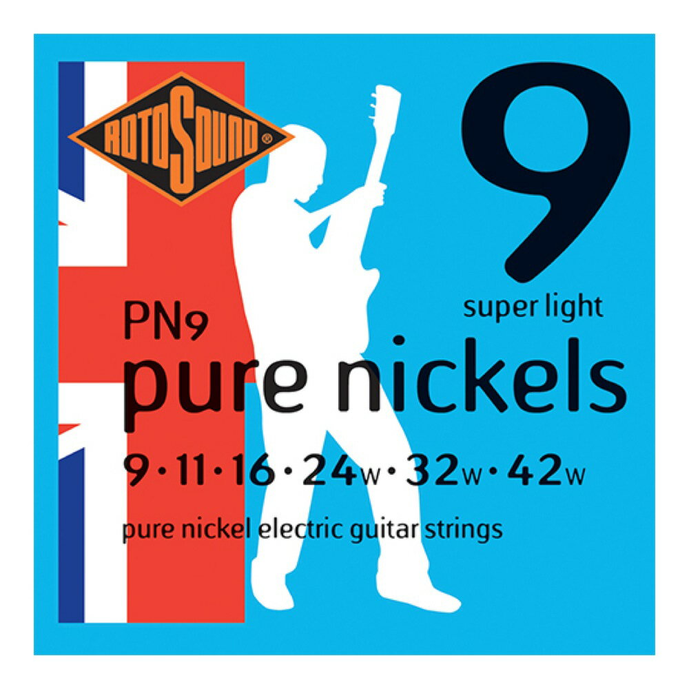 ROTOSOUND PN9 Pure Nickel Super Light 9-42 エレキギター弦×3セット。【Pure Nickels Super Light Pure Nickel PN9】PN9は、ブルース、ロカビリー、スムース・ロックに最適なPure Nickelsシリーズのエレクトリック・ギター弦です。ブライトなヴィンテージ・スタイルのピックアップとの相性が抜群です。100%ニッケル素材で、メッキされたものよりも長持ちする、暖かいトーンを与えます。指にもフレットにも優しく、非常に滑らかな感触で簡単にチョーキングができます。・エレキギター用 Super Light・String Gauges: .009 / .011 / .016 / .024w / .032w / .042w・Material: Pure Nickel・Tone: Warm・Output: Medium・Made in United Kingdom※3セットでの販売です。