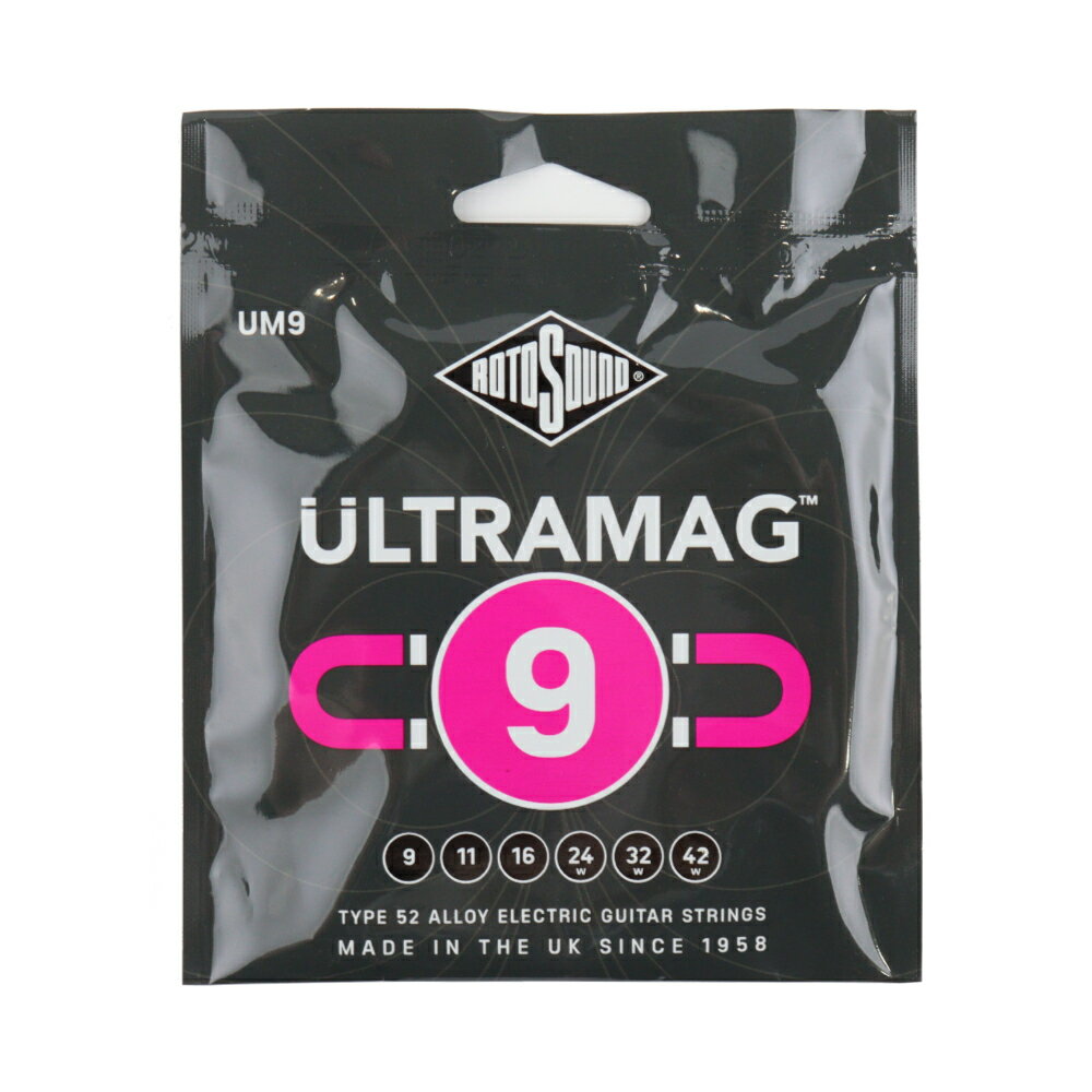 ROTOSOUND UM9 Ultramag Super Light TYPE 52 ALLOY 9-42 エレキギター弦×6セット。【Ultramag Super Light Type 52 Alloy UM9】UltramagシリーズのUM9には、52%のニッケルと48%の鉄からなるType 52 Alloy素材が使用されています。これにより、従来のニッケル弦やスチール弦よりもパワー、サステインに優れ、弦寿命が長くなっています。・エレキギター用 Super Light・String Gauges: .009 / .011 / .016 / .024w / .032w / .042w・Material: Type 52 Alloy・Tone: Mid Pronounced・Output: High・Made in United Kingdom※6セットでの販売です。