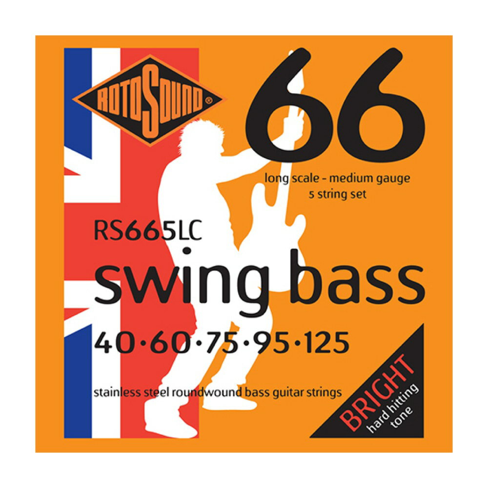 ROTOSOUND RS665LC Swing Bass 66 Medium 5-Strings Set 40-125 LONG SCALE 5弦エレキベース弦×2セット。【Swing Bass 66 Medium 5-Strings Set Stainless Steel Roundwound RS665LC】RS665LCは、810mm〜860mm(32〜34インチ)ロングスケールの5弦用エレクトリック・ベース弦です。明るくパンチの効いたハイエナジーなサウンドを実現するSwing Bass 66シリーズの弦は、ジェームス・ハウとThe Whoのジョン・エントウィッスル(John Entwistle)が完成させたラウンドワウンド弦で、初期のロックミュージックの歴史に大きな影響を与えました。・5弦エレキベース用 Medium・String Gauges: .040 / .060 / .075 / .095 / .125・Material: Stainless Steel Roundwound・Tone: Bright・Output: Medium・Made in United Kingdom※2セットでの販売です。