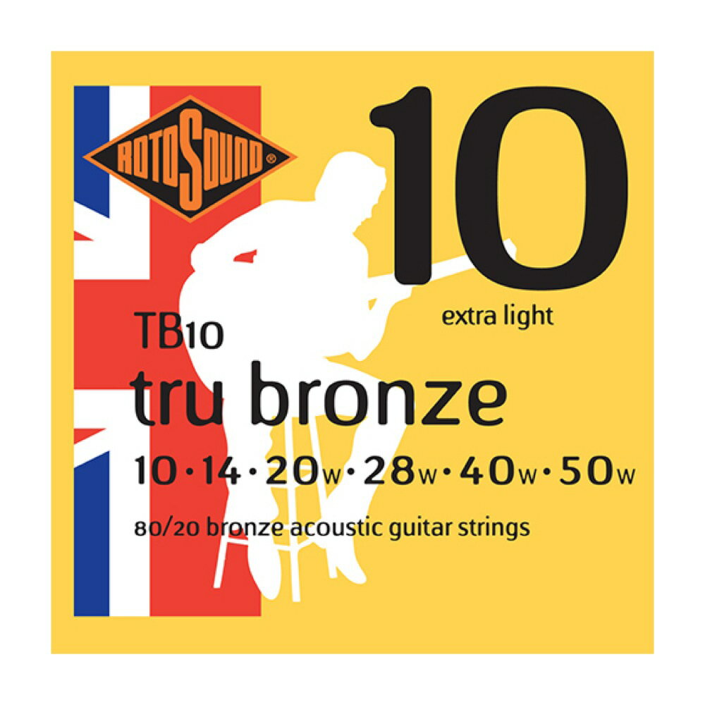ROTOSOUND TB10 Tru Bronze Extra Light 10-50 アコースティックギター弦×3セット。【Tru Bronze Extra Light 80/20 Bronze TB10】TB10は、80/20ブロンズ素材の、響きの良さと透明感のあるトーンを提供するアコースティック・ギター弦です。・アコースティックギター用 Extra Light・String Gauges: .010 / .014 / .020w / .028w / .040w / .050w・Material: 80/20 Bronze・Tone: Bright・Output: Medium・Made in United Kingdom※3セットでの販売です。