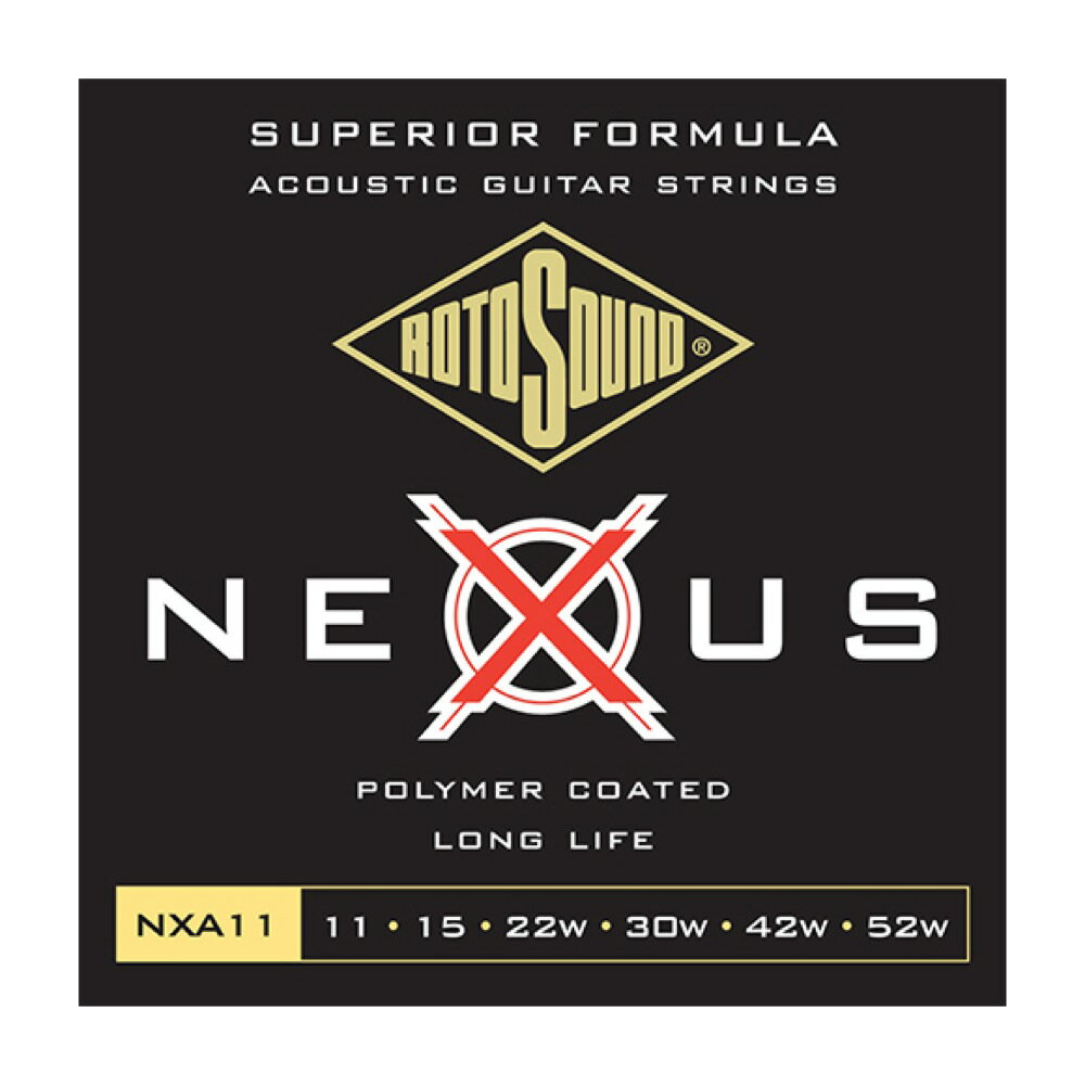 ROTOSOUND NXA11 Nexus Acoustic Light 11-52 アコースティックギター弦×6セット。【Nexus Acoustic Light Polymer Coated Phosphor Bronze NXA11】NXA11は、プレイヤーからの要望に応えて開発したアコースティック・ギター用のコーティング弦です。巻線に92/8フォスファーブロンズを使用し、さらにクリア・ポリマー・コーティングを施すことで、より繊細な音色、より長い弦寿命、フィンガーノイズの低減、汗への高い耐性を実現しています。プレーン弦には特殊なプラチナメッキを施したピアノ線を使用しています。・アコースティックギター用 Light・String Gauges: .011 / .015 / .022w / .030w / .042w / .052w・Material: Polymer Coated Phosphor Bronze・Tone: Balanced・Output: Medium・Made in United Kingdom※6セットでの販売です。