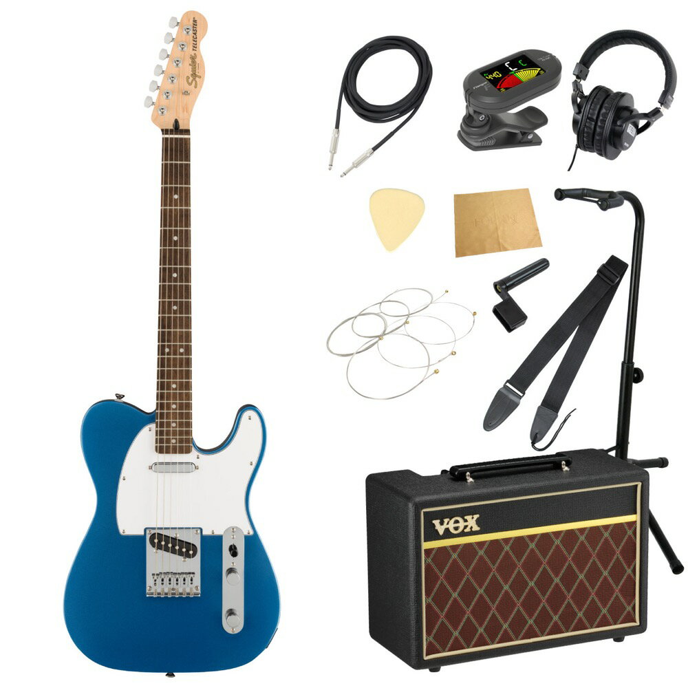 Squier Affinity Series Telecaster LPB エレキギター VOXアンプ付き 入門11点 初心者セット※ギター本体、アンプ以外の小物類に関しては、用途は同じですが掲載画像の製品と異なる場合がございます。あらかじめご了承ください。エレキギターにVOXアンプ「VOX Pathfinder10」、ケーブル、チューナー、ストラップ、換え弦、スタンド、ピック、クロス、ヘッドホン、ストリングワインダーをお付けした11点セットです。Squier Affinity Series Telecaster LPB エレキギターSquier Affinity Series Telecasterは、伝統的なFenderファミリーへの入り口として、伝説的なデザインと典型的なトーンを備えたギターです。このTelecasterは、薄くて軽量なボディ、スリムで快適な"C"シェイプネック、最適なボディレゾナンスが得られるストリングスルーボディブリッジ、スムーズで正確なチューニングを提供するスプリットシャフト付きシールドダイキャストチューニングマシンなど、プレイヤーフレンドリーな洗練された機能を備えています。ジャンルを超えたサウンドバリエーションを実現する3ウェイスイッチングのSquier Single-Coil Telecasterピックアップを2基搭載し、あらゆるステージであらゆるプレイヤーに寄り添うことができるモデルです。【スペック】・カラー：Lake Placid Blue・オリエンテーション：Right-Hand・シリーズ：Affinity Series・Fingerboard Material：Indian Laurel・フィンガーボードラジアス：9.5" (241 mm)・ネック：Maple・ネックフィニッシュ：Satin Urethane with Gloss Urethane Headstock Face・ネック：Maple・ネックシェイプ："C" Shape・フレット数：21・ナットの素材：Synthetic Bone・ナット幅：1.650" (42 mm)・ポジションインレイ：Pearloid Dot・サイドドット：・ナット：Synthetic Bone・トラスロッド：Head Adjust・ボディ：Poplar・ボディフィニッシュ：Gloss Polyurethane・ボディ素材：Poplar・ボディシェイプ：Telecaster・ブリッジ：6-Saddle Strings-Through-Body Tele・コントロールノブ：Knurled Flat-Top・ハードウェアフィニッシュ：Chrome・Neck Plate：4-Bolt Squier・ピックガード：3-Ply White・Pickup Covers：Neck: Chrome; Bridge: Black・Strap Buttons：Standard・String Trees：Dual-Wing・ストリング：Nickel Plated Steel (.009-.042 Gauges)・Switch Tip：Black・チューニングマシーン：Sealed Die-Cast with Split Shafts・ブリッジピックアップ：Ceramic Single-Coil・コントロール：Master Volume, Master Tone・ネックピックアップ：Ceramic Single-Coil・ピックアップコンフィギュレーション：SS・Switching：3-Position Blade: Position 1. Bridge, Position 2. Bridge and Neck, Position 3. Neck・フレットサイズ：Medium Jumbo・スケール：25.5" (648 mm)---------------●セット内容・エレキギター本体・ギターアンプ・ギターケーブル・チューナー・ギターストラップ・ギター弦・ギタースタンド・ギターピック×10枚・ヘッドホン・クロス・ストリングワインダー