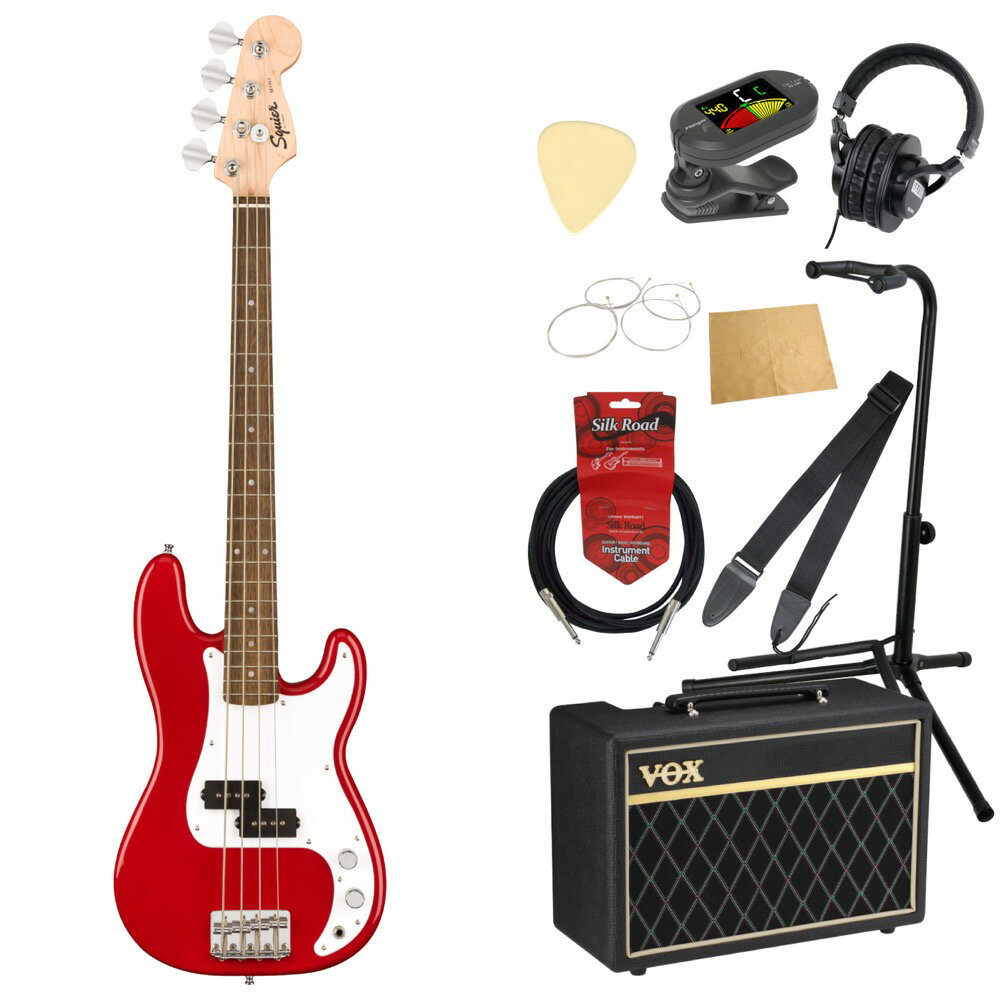 Squier Mini P Bass Laurel Fingerboard Dakota Red エレキベース VOXアンプ付き 入門10点 初心者セット※ベース本体、アンプ以外の小物類に関しては、用途は同じですが掲載画像の製品と異なる場合がございます。あらかじめご了承ください。エレキベースにVOXアンプ「VOX Pathfinder Bass 10」、ケーブル、チューナー、ストラップ、換え弦、スタンド、ピック、クロス、ヘッドホンをお付けした10点セットです。Squier Mini P Bass Laurel Fingerboard Dakota Red エレキベースSquier Mini Precision BassはフェンダーPrecisionBassのクラシカルなスタイリングとトーンをコンパクトサイズにした楽器を求めているプレイヤーにとって最適なチョイスです。薄く軽量なボディとショートスケールCシェイプネックのコンビネーションは快適な演奏性を実現し、Squierスプリットシングルコイルピックアップは多彩なサウンドメイキングを可能にします。ハードテイルブリッジは安定したチューニングを提供します。スペックモデルネーム：Mini P Bass, Laurel Fingerboard, Dakota Redモデル番号：370127554原産国：IDカラー：Dakota Redボディ：Poplarボディフィニッシュ：Gloss Polyurethaneボディシェイプ：Mini Precision Bassネック：Mapleネックフィニッシュ：Satin Urethaneネックシェイプ："C" Shapeスケール：28.6" (726 mm)フィンガーボード：Indian Laurelフィンガーボードラジアス：9.5" (241 mm)フレット数：20Frets Size：Narrow Tallナット：Synthetic Boneナット幅：1.60” (40.6 mm)ポジションインレイ：Pearloid Dotトラスロッド：Head Adjustネックピックアップ：Split Single-Coil Precision Bassコントロール：Volume, Toneピックアップスイッチ：Noneピックアップコンフィギュレーション：Split Single Coilブリッジ：4-Saddle Vintage-Styleハードウェアフィニッシュ：Chromeチューニングマシーン：Die-Cast Sealedピックガード：1-Ply Whiteコントロールノブ：Knurled Flat-Topストリング：Nickel Plated Steel (.045-.105 Gauges)---------------●セット内容・エレキベース本体・ベースアンプ・ケーブル・チューナー・ストラップ・ベース弦・ギタースタンド・ギターピック×10枚・ヘッドホン・クロス