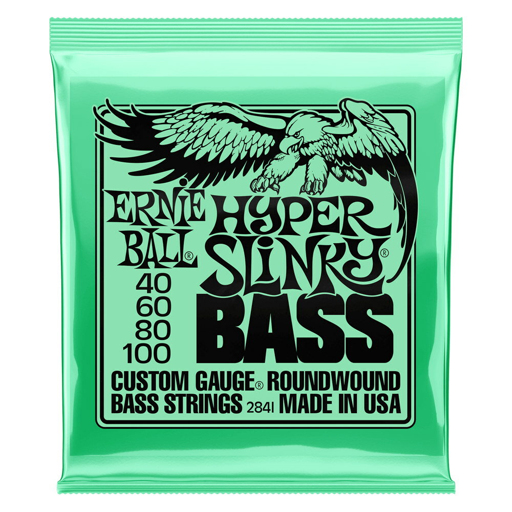 ERNIE BALL 2841 HYPER SLINKY BASS 40-100 エレキベース弦×2セット低音弦に適度なテンションと高音弦に軽めのテンションを組み合わせたモデル。各弦のバランスの良い感触は高い演奏性を実現。Extra Slinky と Super Slinky との間に位置するゲージ・サイズ。2セットでの販売です。ゲージ:.040, .060, .080, .100