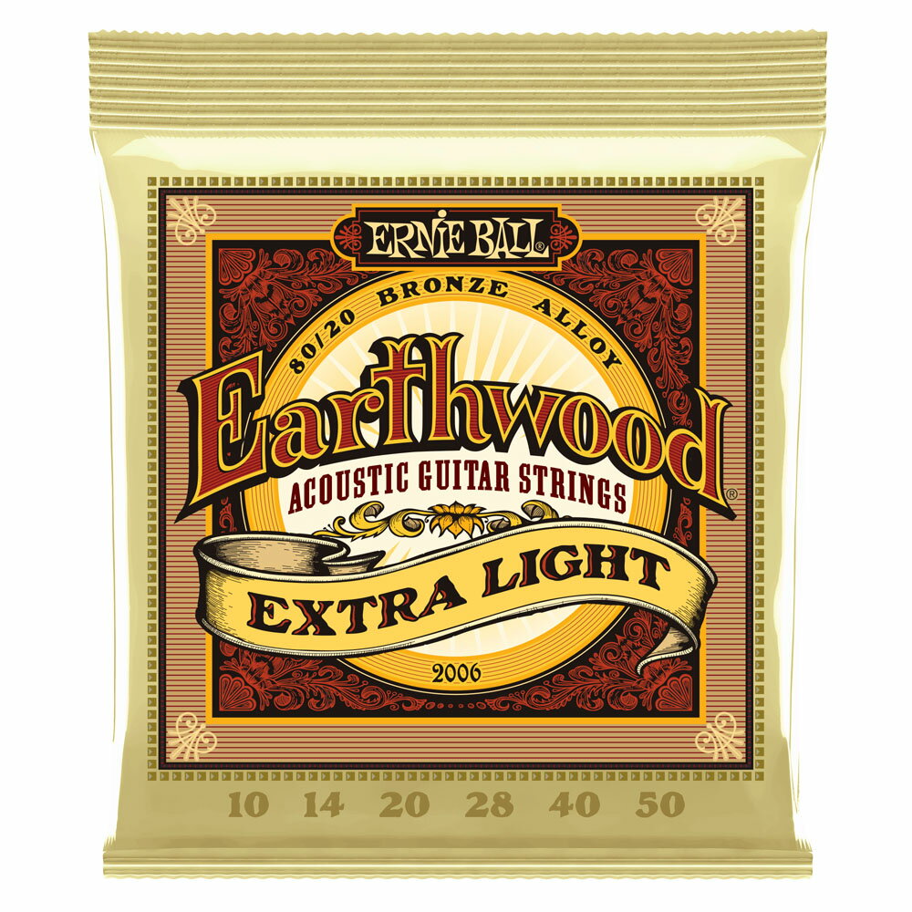 ERNIE BALL 2006 Earthwood Extra Light×5セット 80/20 Bronze 10-50 Gauge アコースティックギター弦アースウッド80/20シリーズは、アーニーボールの長い歴史の中で常に高い人気を誇り、アーニーボールの原点ともいえるモデルです。ブラス・メッキされたスティールワイアー・ヘックス・コアに、80％の銅と20％の亜鉛を組み合わせたブロンズのワウンド弦で、明るくハッキリとしたトーンと心地良いサスティーンを特徴にしています。5セット販売です。ゲージ: .010, .014, .020, .028, .040, .050