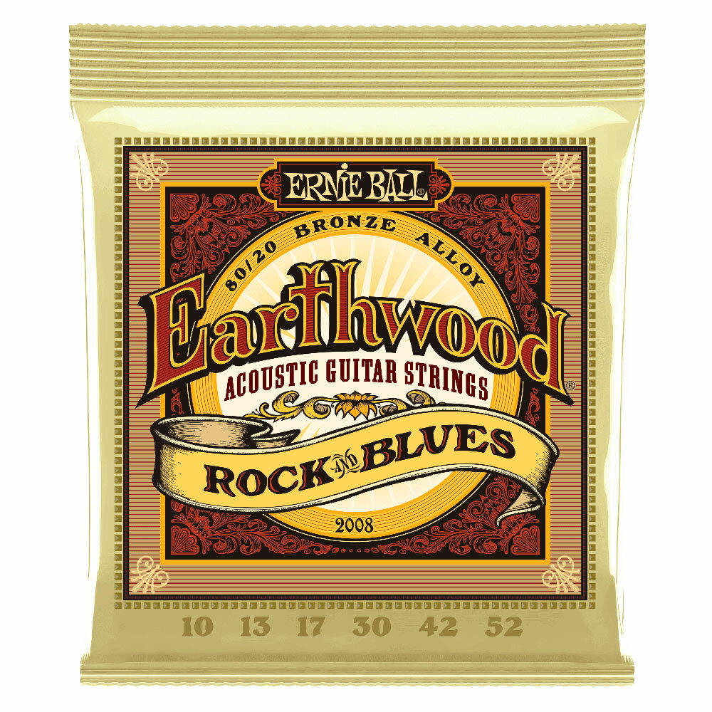 ERNIE BALL 2008 Earthwood Rock and Blues w/Plain G×5セット 80/20 Bronze 10-52 Gauge アコースティックギター弦アースウッド80/20シリーズは、アーニーボールの長い歴史の中で常に高い人気を誇り、アーニーボールの原点ともいえるモデルです。ブラス・メッキされたスティールワイアー・ヘックス・コアに、80％の銅と20％の亜鉛を組み合わせたブロンズのワウンド弦で、明るくハッキリとしたトーンと心地良いサスティーンを特徴にしています。アースウッド・ロック＆ブルースは、ベンドを多用するギタリストに最適な3弦をプレーン弦にしたモデルです。リフやリード・パートを主体にプレイするロックやブルース・ギタリストにお勧めのアコースティック弦です。5セットでの販売です。ゲージ: .010, .013, .017, .030, .042, .052