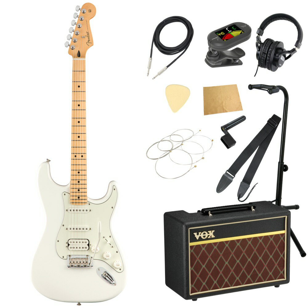 Fender Player Stratocaster HSS MN Polar White エレキギター VOXアンプ付き 入門11点 初心者セット※ギター本体、アンプ以外の小物類に関しては、用途は同じですが掲載画像の製品と異なる場合がございます。あらかじめご了承ください。エレキギターにVOXアンプ「VOX Pathfinder10」、ケーブル、チューナー、ストラップ、換え弦、スタンド、ピック、クロス、ヘッドホン、ストリングワインダーをお付けした11点セットです。Fender Player Stratocaster HSS MN Polar White エレキギターStratocasterの印象的なサウンドは、フェンダーの看板的な特徴のひとつです。鳴りの良いハイエンド、パンチの効いたミッド、力強いローエンドといったクラシックサウンドに、クリスタルクリアなアーティキュレーションを加えた、フレキシブルなサウンドのPlayer Stratocaster HSSは、正統的なフェンダーのフィーリングとスタイルを持つギターです。あらゆるスタイルに対応する多様性を備え、どのような音楽的ビジョンも叶えてくれます。独自のサウンドを作り出すためのパーフェクトなプラットフォームといえます。伝統を重んじながら革新的なスピリットを維持するPlayerシリーズのハムバッカーブリッジピックアップは、力強くウォームなサウンドで、ミドルとネックピックアップに採用されたシングルコイルStratocasterピックアップが、モダンなエッジを効かせたクリスピーでアーティキュレートな本格的フェンダートーンを実現します。スムーズなフィニッシュで弾きやすい“モダンC”シェイプのメイプルネックは、あらゆるプレイスタイルにフィットします。モダンな9.5インチラジアスのフィンガーボードに打ち込まれたミディアムジャンボフレットは22 フレットに拡張され、さまざまな音楽的表現を可能としています。ポストとの摩擦を軽減するデザインにアップデートされた2ポイントトレモロが、スムーズな弾き心地を実現すると同時に、チューニングの安定性を格段に高めました。さらに、マスターボリュームとトーンコントロール、5Wayピックアップスイッチ、3層ピックガード、シンセティックボーンナット、デュアルウィングストリングツリー、シールドチューニングマシン、“F”の刻印入りの4ボルトのネックプレートが、本物のフェンダーを象徴しています。Player Stratocaster HSS は、自分だけのトーンを手に入れ、新しい何かを生み出すのに最適なギターです。【SPECIFICATIONS】ボディ：Alderボディフィニッシュ：Gloss Polyesterボディシェイプ：Stratocasterネック：Mapleネックフィニッシュ：Satin Urethane Finish on Back, Gloss Urethane Finish on Frontネックシェイプ：Modern "C"スケール：25.5" (648 mm)フィンガーボード：Mapleフィンガーボードラジアス：9.5" (241 mm)フレットナンバー：22Frets Size：Medium Jumboナット：Synthetic Boneナット幅：1.650" (42 mm)ポジションインレイ：Black Dotsトラスロッド：Standardトラスロッドレンチ：3/16" Hex (Allen)ブリッジピックアップ：Player Series Alnico 2 Humbuckingミドルピックアップ：Player Series Alnico 5 Strat Single-Coilネックピックアップ：Player Series Alnico 5 Strat Single-Coilコントロール：Master Volume, Tone 1. (Neck/Middle Pickups), Tone 2. (Bridge Pickup)ピックアップスイッチ：5-Position Blade: Postion 1. Bridge Humbucking Pickup; Position 2. Middle Pickup and Inner Coil of Humbucker; Position 3. Middle Pickup; Position 4. Neck and Middle Pickup; Position 5. Neck Pickupピックアップコンフィギュレーション：HSSブリッジ：2-Point Synchronized Tremolo with Bent Steel Saddlesハードウェアフィニッシュ：Nickel/Chromeチューニングマシーン：Standard Cast/Sealedピックガード：3-Ply Parchmentコントロールノブ：Parchment Plasticストリング：Fender USA, NPS, (.009-.042 Gauges)カラー：Polar White●セット内容・エレキギター本体・ギターアンプ・ギターケーブル・チューナー・ギターストラップ・ギター弦・ギタースタンド・ギターピック×10枚・ヘッドホン・クロス・ストリングワインダー