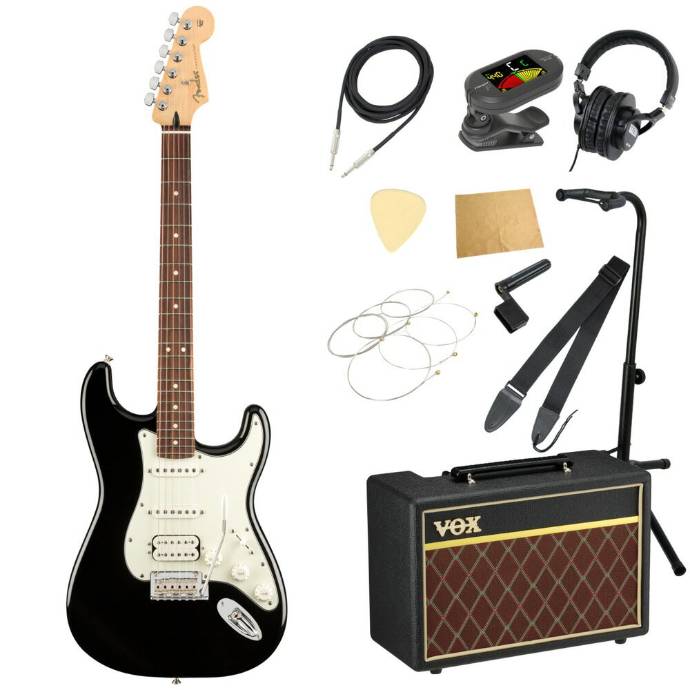 Fender Player Stratocaster HSS PF Black エレキギター VOXアンプ付き 入門11点 初心者セット※ギター本体、アンプ以外の小物類に関しては、用途は同じですが掲載画像の製品と異なる場合がございます。あらかじめご了承ください。エレキギターにVOXアンプ「VOX Pathfinder10」、ケーブル、チューナー、ストラップ、換え弦、スタンド、ピック、クロス、ヘッドホン、ストリングワインダーをお付けした11点セットです。Fender Player Stratocaster HSS PF Black エレキギターStratocasterの印象的なサウンドは、フェンダーの看板的な特徴のひとつです。鳴りの良いハイエンド、パンチの効いたミッド、力強いローエンドといったクラシックサウンドに、クリスタルクリアなアーティキュレーションを加えた、フレキシブルなサウンドのPlayer Stratocaster HSSは、正統的なフェンダーのフィーリングとスタイルを持つギターです。あらゆるスタイルに対応する多様性を備え、どのような音楽的ビジョンも叶えてくれます。独自のサウンドを作り出すためのパーフェクトなプラットフォームといえます。伝統を重んじながら革新的なスピリットを維持するPlayer シリーズのハムバッカーブリッジピックアップは、力強くウォームなサウンドで、ミドルとネックピックアップに採用されたシングルコイルStratocaster ピックアップが、モダンなエッジを効かせたクリスピーでアーティキュレートな本格的フェンダートーンを実現します。スムーズなフィニッシュで弾きやすい“モダンC”シェイプのメイプルネックは、あらゆるプレイスタイルにフィットします。モダンな9.5インチラジアスのフィンガーボードに打ち込まれたミディアムジャンボフレットは22フレットに拡張され、さまざまな音楽的表現を可能としています。ポストとの摩擦を軽減するデザインにアップデートされた2 ポイントトレモロが、スムーズな弾き心地を実現すると同時に、チューニングの安定性を格段に高めました。さらに、マスターボリュームとトーンコントロール、5Wayピックアップスイッチ、3層ピックガード、シンセティックボーンナット、デュアルウィングストリングツリー、シールドチューニングマシン、“F”の刻印入りの4ボルトのネックプレートが、本物のフェンダーを象徴しています。Player Stratocaster HSS は、自分だけのトーンを手に入れ、新しい何かを生み出すのに最適なギターです。【SPECIFICATIONS】ボディ：Alderボディフィニッシュ：Gloss Polyesterボディシェイプ：Stratocasterネック：Mapleネックフィニッシュ：Satin Urethane Finish on Back of Neck with Gloss Urethane Headstock Faceネックシェイプ：Modern "C"スケール：25.5" (648 mm)フィンガーボード：Pau Ferroフィンガーボードラジアス：9.5" (241 mm)フレットナンバー：22Frets Size：Medium Jumboナット：Synthetic Boneナット幅：1.650" (42 mm)ポジションインレイ：White Dotsトラスロッド：Standardトラスロッドレンチ：3/16" Hex (Allen)ブリッジピックアップ：Player Series Alnico 2 Humbuckingミドルピックアップ：Player Series Alnico 5 Strat Single-Coilネックピックアップ：Player Series Alnico 5 Strat Single-Coilコントロール：Master Volume, Tone 1. (Neck/Middle Pickups), Tone 2. (Bridge Pickup)ピックアップスイッチ：5-Position Blade: Postion 1. Bridge Humbucking Pickup; Position 2. Middle Pickup and Inner Coil of Humbucker; Position 3. Middle Pickup; Position 4. Neck and Middle Pickup; Position 5. Neck Pickupピックアップコンフィギュレーション：HSSブリッジ：2-Point Synchronized Tremolo with Bent Steel Saddlesハードウェアフィニッシュ：Nickel/Chromeチューニングマシーン：Standard Cast/Sealedピックガード：3-Ply Parchmentコントロールノブ：Parchment Plasticストリング：Fender USA, NPS, (.009-.042 Gauges)カラー：Black●セット内容・エレキギター本体・ギターアンプ・ギターケーブル・チューナー・ギターストラップ・ギター弦・ギタースタンド・ギターピック×10枚・ヘッドホン・クロス・ストリングワインダー