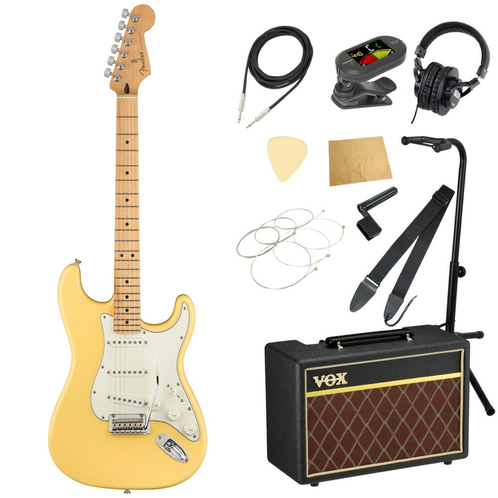 Fender Player Stratocaster MN Buttercream エレキギター VOXアンプ付き 入門11点 初心者セット※ギター本体、アンプ以外の小物類に関しては、用途は同じですが掲載画像の製品と異なる場合がございます。あらかじめご了承ください。エレキギターにVOXアンプ「VOX Pathfinder10」、ケーブル、チューナー、ストラップ、換え弦、スタンド、ピック、クロス、ヘッドホン、ストリングワインダーをお付けした11点セットです。Fender Player Stratocaster MN Buttercream エレキギターStratocasterの印象的なサウンドは、フェンダーの看板的な特徴のひとつです。鳴りの良いハイエンド、パンチの効いたミッド、力強いローエンドといったクラシックサウンドに、クリスタルクリアなアーティキュレーションを加えた、フレキシブルなサウンドのPlayer Stratocasterは、正統的なフェンダーのフィーリングとスタイルを持つギターです。あらゆるスタイルに対応する多様性を備え、どのような音楽的ビジョンも叶えてくれます。独自のサウンドを作り出すためのパーフェクトなプラットフォームといえます。伝統を重んじながら革新的なスピリットを維持するPlayerシリーズのシングルコイルピックアップは、クリアでパワフルなサウンドを出力します。スムーズなフィニッシュで弾きやすい“モダンC”シェイプのメイプルネックは、あらゆるプレイスタイルにフィットします。モダンな9.5インチラジアスのフィンガーボードに打ち込まれたミディアムジャンボフレットは22フレットに拡張され、さまざまな音楽的表現を可能としています。ポストとの摩擦を軽減するデザインにアップデートされた2ポイントトレモロが、スムーズな弾き心地を実現すると同時に、チューニングの安定性を格段に高めました。さらに、マスターボリュームとトーンコントロール、5Wayピックアップスイッチ、3層ピックガード、シンセティックボーンナット、デュアルウィングストリングツリー、シールドチューニングマシン、“F”の刻印入りの4ボルトのネックプレートが、本物のフェンダーを象徴しています。Player Stratocasterは、自分だけのトーンを手に入れ、新しい何かを生み出すのに最適なギターです。【SPECIFICATIONS】ボディ：Alderボディフィニッシュ：Gloss Polyesterボディシェイプ：Stratocasterネック：Mapleネックフィニッシュ：Satin Urethane Finish on Back, Gloss Urethane Finish on Frontネックシェイプ：Modern "C"スケール：25.5" (648 mm)フィンガーボード：Mapleフィンガーボードラジアス：9.5" (241 mm)フレットナンバー：22Frets Size：Medium Jumboナット：Synthetic Boneナット幅：1.650" (42 mm)ポジションインレイ：Black Dotsトラスロッド：Standardトラスロッドレンチ：3/16" Hex (Allen)ブリッジピックアップ：Player Series Alnico 5 Strat Single-Coilミドルピックアップ：Player Series Alnico 5 Strat Single-Coilネックピックアップ：Player Series Alnico 5 Strat Single-Coilコントロール：Master Volume, Tone 1. (Neck/Middle Pickups), Tone 2. (Bridge Pickup)ピックアップスイッチ：5-Position Blade: Position 1. Bridge Pickup, Position 2. Bridge and Middle Pickup, Position 3. Middle Pickup, Position 4. Middle and Neck Pickup, Position 5. Neck Pickupピックアップコンフィギュレーション：SSSブリッジ：2-Point Synchronized Tremolo with Bent Steel Saddlesハードウェアフィニッシュ：Nickel/Chromeチューニングマシーン：Standard Cast/Sealedピックガード：3-Ply Parchmentコントロールノブ：Parchment Plasticストリング：Fender USA, NPS, (.009-.042 Gauges)カラー：Buttercream●セット内容・エレキギター本体・ギターアンプ・ギターケーブル・チューナー・ギターストラップ・ギター弦・ギタースタンド・ギターピック×10枚・ヘッドホン・クロス・ストリングワインダー