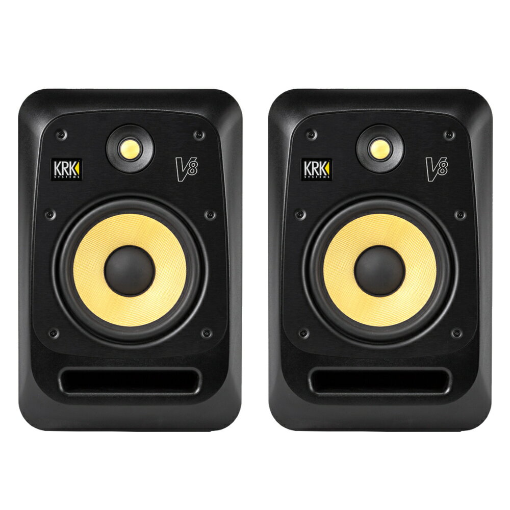 KRK SYSTEMS V8S4 Vシリーズ4 モニタースピーカー×2本セット（ペア）※本商品は2本セット（ペア)での販売です。■新しいVシリーズ4は，過去30年にわたり業界のスタンダードとして培ってきたノウハウと最新のテクノロジーを融合させています。KRK Vシリーズ4は、レコーディング、ミキシング、そしてマスタリングに必要なプロ仕様の機能と正確性を兼ね備えた2ウェイのフルレンジ・スタジオ・モニタースピーカーです。■ツィーター、ウーファー共にKevlarを採用したカスタムユニットを使用しています。これによりスイートスポットが見つけやすく美しいイメージングを提供します。また音色に不要な特徴を加えることなく非常にスムーズな中音域と引き締まった低音域、クリアな高音域を再生します。KRKオリジナルのClass-Dバイアンプは非常に優れたトランジェントを有しており、110dBに及ぶ音圧を再生します。KRK独自の設計で最適化されたフロントのバスレフポートは部屋の反響による音像の干渉を除去し、部屋のどの場所においても問題なく再生が可能です。DSPによるEQのプリセットは個人の好みの音色に再生するだけでなく、部屋や置き場所による音質の調整にも非常に役立ちます。堅牢なアルミ製のフロントバッフルとEVA素材のパッドは、トランジェントレスポンスとイメージングを改善させるスタビライザーのような効果があります。■仕様ユニット構成・・・2ウェイシステムタイプ・・・アクティブ低域ドライバー・・・8インチKevlarコーン、フェライト・マグネット、鋳造アルミニウムフレーム高域ドライバー・・・1インチKevlarドーム、フェライト・マグネット周波数特性（±3dB）・・・35Hz - 19kHz周波数レンジ（-10dB）・・・29Hz - 24kHzクロスオーバー周波数・・・1.8kHzLF・・・200WHF・・・30WピークSPL・・・118dBコネクタ・・・バランス10kΩ TRS/XLRコンボ入力エンクロージャー・・・MDF/アルミニウム高さ・・・435mm横幅・・・284mm奥行き・・・347mm重量・・・14.4kg