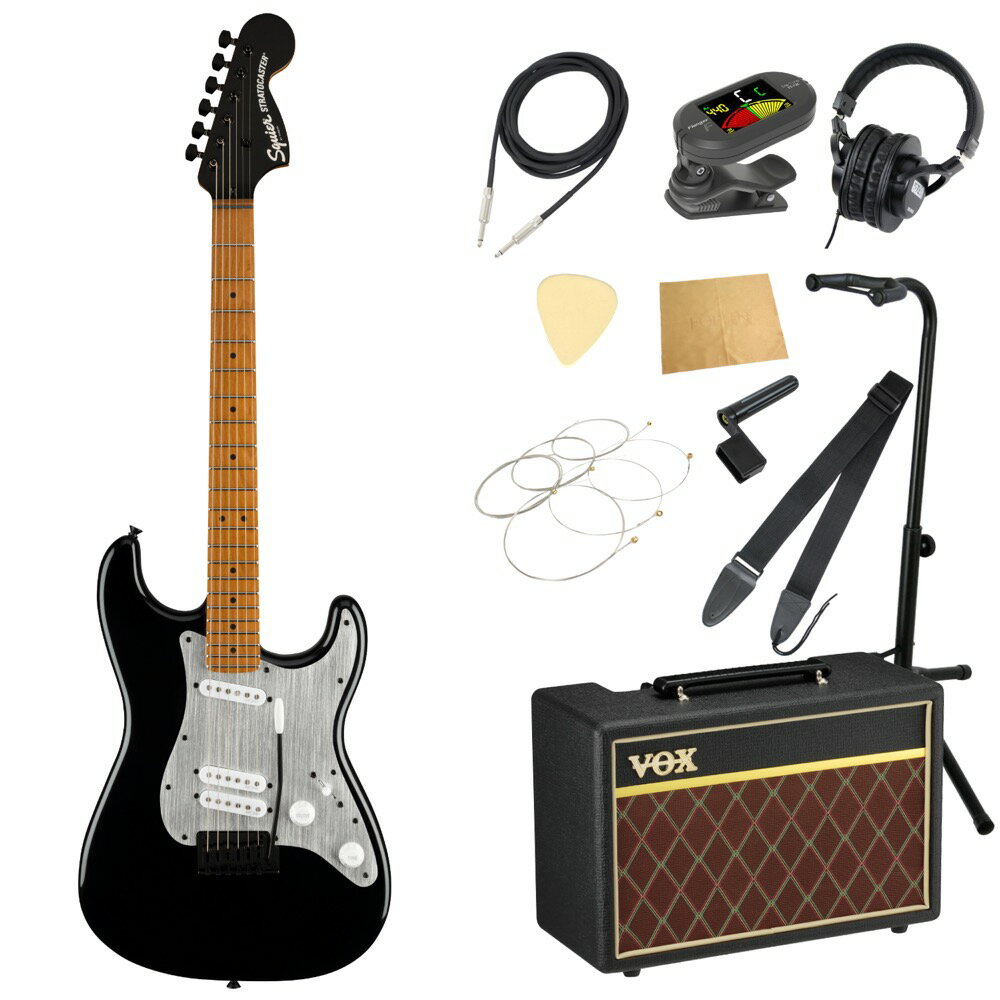 Squier Contemporary Stratocaster Special RMN SPG BLK エレキギター VOXアンプ付き 入門11点 初心者セット※ギター本体、アンプ以外の小物類に関しては、用途は同じですが掲載画像の製品と異なる場合がございます。あらかじめご了承ください。エレキギターにVOXアンプ「VOX Pathfinder10」、ケーブル、チューナー、ストラップ、換え弦、スタンド、ピック、クロス、ヘッドホン、ストリングワインダーをお付けした11点セットです。Squier Contemporary Stratocaster Special RMN SPG BLK エレキギターSquier Contemporary Stratocaster Specialは、こだわりの強い現代のプレーヤーを満足させるために、これまでの象徴的なフェンダーデザインには無かった、大胆な変更を加えました。このギターの心臓部である、Squier SQR alnico single-coilピックアップは、ミドルピックアップがリアピックアップの近くに配置された特別仕様で、個性的でダイナミックなセッティングをもたらします。最適なトーンと安定性が特徴のローステッドメープルネックと、卓越したプリアビリティを追求したスカルプテッドヒールデザインは、ハイポジションへのアクセスを容易にします。ベンディングの際に快適なフィーリングを得られる2点支持トレモロブリッジや、滑らかなチューニングと弦交換が簡単なスプリットシャフト付シールドギアのチューニングマシンなど、スペック表だけでは分からない高性能なコンポーネントを備えています。また、ステルスブラックのハードウェアと、プレミアムな外観のクロムロゴを配した洗練されたマッチングヘッドは唯一無二のルックスを演出します。【スペック】・モデルネーム：Contemporary Stratocaster Special, Roasted Maple Fingerboard, Silver Anodized Pickguard, Black・モデル番号：370230506・原産国：ID・カラー：Black・ボディ：Poplar・ボディフィニッシュ：Gloss Polyurethane・ボディシェイプ：Stratocaster・ネック：Roasted Maple・ネックフィニッシュ：Satin Urethane with Gloss Urethane Headstock Face・ネックシェイプ："C" Shape・スケール：25.5" (648 mm)・フィンガーボード：Roasted Maple・フィンガーボードラジアス：12" (305 mm)・フレット数：22・Frets Size：Jumbo・ナット：Graphite・ナット幅：1.650" (42 mm)・ポジションインレイ：Black Dot・トラスロッド：Head Adjust・ブリッジピックアップ：Squier SQR Alnico Single-Coil・ミドルピックアップ：Squier SQR Alnico Single-Coil・ネックピックアップ：Squier SQR Alnico Single-Coil・コントロール：Master Volume, Master Tone・ピックアップスイッチ：5-Position Blade, Special Switching: Position 1. Bridge and Middle (Series, Hum-Cancelling), 2. Middle, 3. Middle and Neck (Parallel), 4. Bridge, Middle and Neck, 5. Neck・ピックアップコンフィギュレーション：SSS・ブリッジ：2-Point Synchronized Tremolo with Block Saddles・ハードウェアフィニッシュ：Black・チューニングマシーン：Sealed Die-Cast with Split Shafts・ピックガード：1-Ply Anodized Aluminum・コントロールノブ：White Plastic・ストリング：Nickel Plated Steel (.009-.042 Gauges)---------------●セット内容・エレキギター本体・ギターアンプ・ギターケーブル・チューナー・ギターストラップ・ギター弦・ギタースタンド・ギターピック×10枚・ヘッドホン・クロス・ストリングワインダー