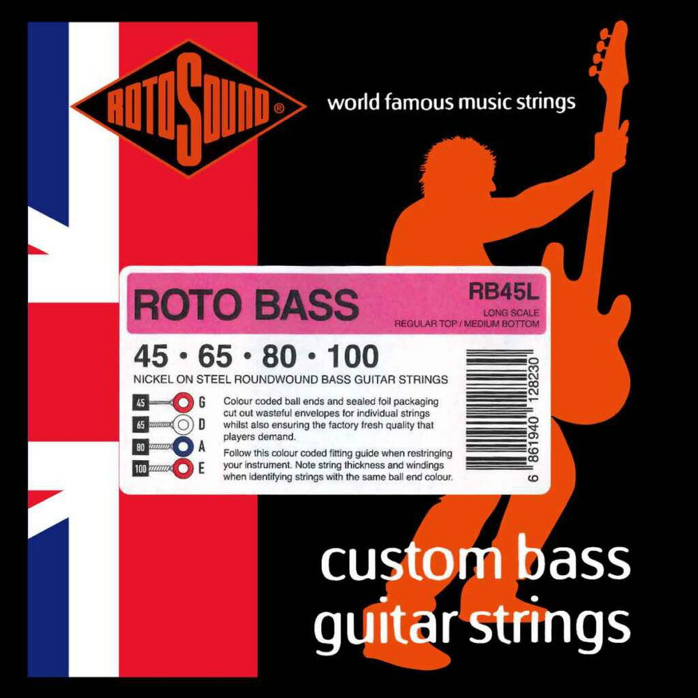 ROTOSOUND RB45L ROTO BASS NICKEL CUSTOM 45-100 エレキベース弦×2セット。ROTOSOUND RB45L ROTO BASS NICKEL CUSTOM 45-100 エレキベース弦クラシックなロトサウンドのラウンドワウンド・トーンを生み出す素晴らしく価値の高いカスタムゲージのベース弦です。ポピュラーなSwing Bass 66弦を基に、品質やトーンを犠牲にすることなくデザイン仕様を簡素化し、最も手頃なベース弦の製造を実現しました。RB45Lは、810mm〜860mm(32〜34インチ)ロングスケールのエレクトリック・ベース弦です。通常のラインナップにはない、45-65-80-100のカスタム・ゲージを採用しています。品質や音色を犠牲にすることなく設計仕様を簡素化し、クラシックなラウンドワウンド・トーンを実現したニッケル・オン・スティールのベース弦です。●Custom Gauge●Made in United Kingdom・String Gauges: .045 / .065 / .080 / .100・Material: Nickel on Steel Roundwound・Tone: Bright・Output: Medium※2セットでの販売です。