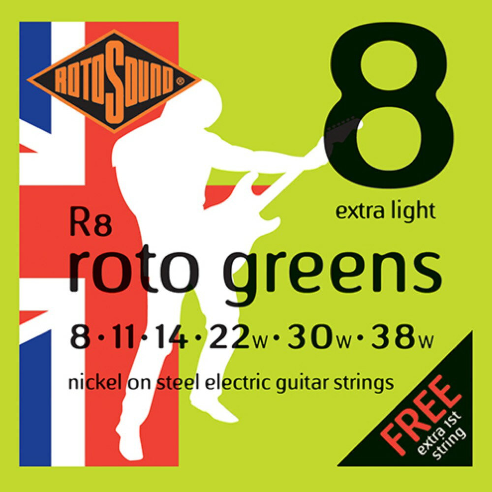 ROTOSOUND R8 ROTO GREENS 8-38 エレキギター弦×6セット。ROTOSOUND R8 ROTO GREENS 8-38 エレキギター弦R8は、エレクトリック・ギター弦のベストセラーです。シルキーなニッケル・メッキの巻弦とパワフルなスティール・コアの組み合わせにより、あらゆる演奏スタイルやジャンルに対応するオールラウンドな弦です。●1弦が2本付属●Made in United Kingdom・String Gauges: .008 / .011 / .014 / .022w / .030w / .038w・Material: Nickel on Steel・Tone: Balanced・Output: Medium※6セットでの販売です。