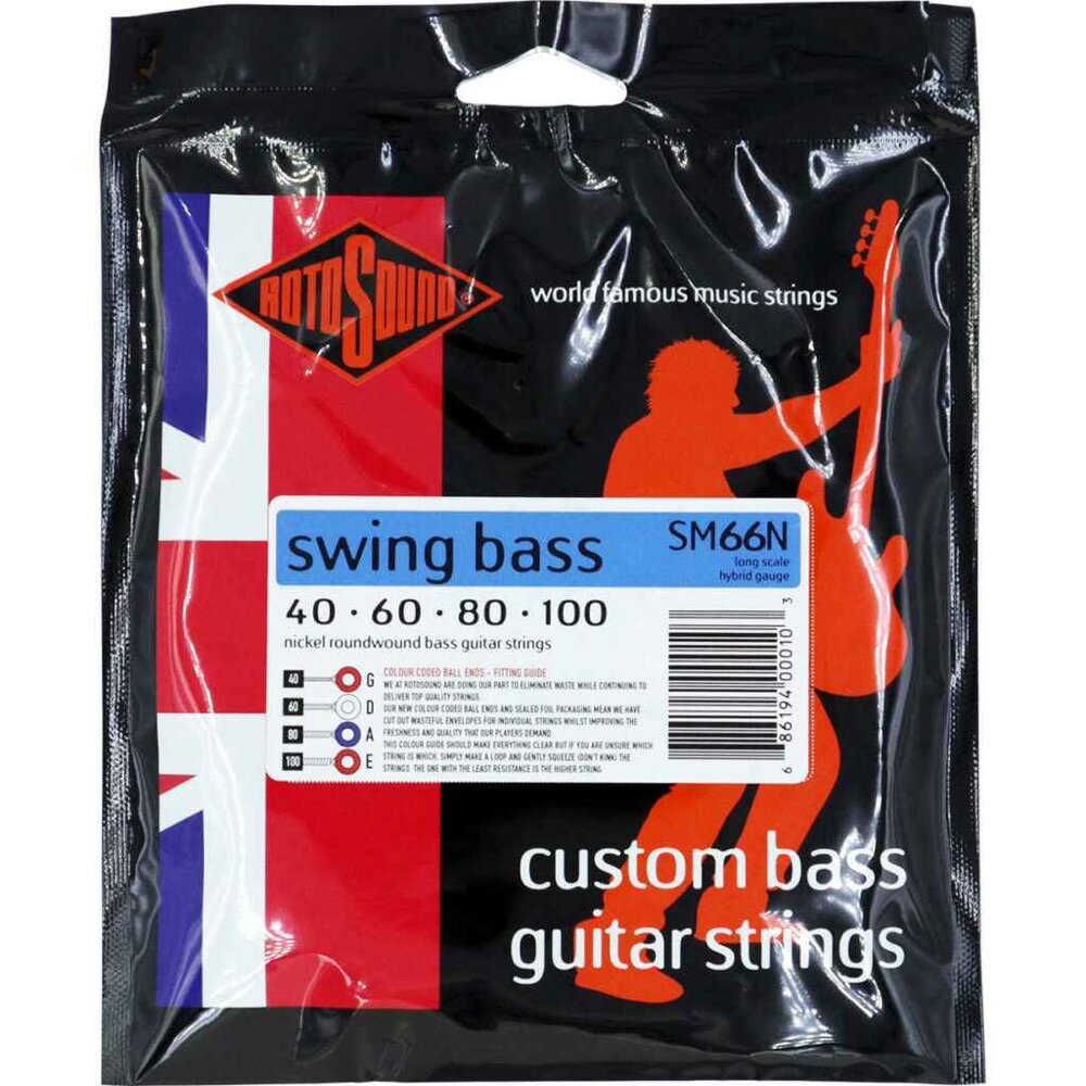 ROTOSOUND SM66N SWING BASS 66 NICKEL HYBRID 40-100 エレキベース弦×2セット。ROTOSOUND SM66N SWING BASS 66 NICKEL HYBRID 40-100 エレキベース弦SM66は、810mm〜860mm(32〜34インチ)ロングスケールのエレクトリック・ベース弦です。ロトサウンドのベストセラーであるSwing Bass 66のニッケルコーティング仕様弦です。ジェームズ・ハウとジョン・エントウィッスルによって完成され、業界標準となったラウンドワウンド弦です。ブライトで、パンチがあり、高エネルギーなサウンドのSwing Bass 66弦は初期ロックの歴史において主要な役割を担い、ベースプレイヤーの立ち位置を後列からステージの正面へ変化させました。●Made in United Kingdom・String Gauges: .040 / .060 / .080 / .100・Material: Nickel Roundwound・Tone: Warm・Output: Medium※2セットでの販売です。