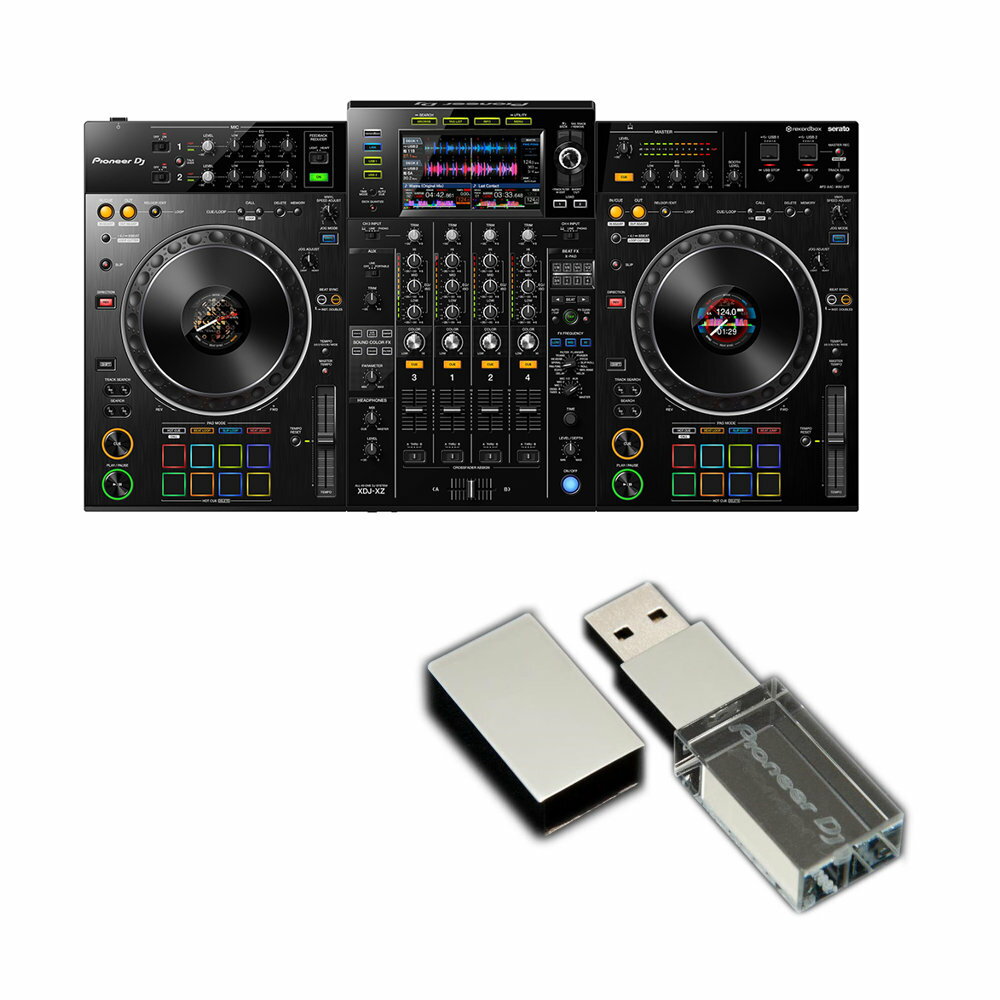 Pioneer DJ XDJ-XZ 128GBUSBメモリー付きセット プロフェッショナルオールインワンDJシステム世界中のクラブDJから支持されている演奏性に優れた操作インターフェイスを、高音質と高信頼性を追求した一体型ボディに搭載した「XDJ-XZ」に Pioneer DJ オリジナル USBメモリーの付いたセットです。【セット内容】・Pioneer DJ XDJ-XZ プロフェッショナルオールインワンDJシステム・Pioneer DJ オリジナル USBメモリー(USB3.0 128GB)------------------------------------------------Pioneer DJ XDJ-XZ プロフェッショナルオールインワンDJシステムあらゆるシーンにプロフェッショナルなDJ演奏環境をXDJ-XZは、世界中のクラブDJから支持されている演奏性に優れた操作インターフェイスを、高音質と高信頼性を追求した一体型ボディに搭載しました。クラブだけでなく、イベントスペースやエンターテイメント施設などあらゆるシーンにおいて、本機のみでプロフェッショナルなDJ演奏環境を構築することができます。クラブスタンダードモデルと同じサイズの大型ジョグ、当社4chミキサーの操作レイアウト、高精細液晶ディスプレイを採用しており、ダイナミックな演奏を素早く的確に行うことができます。XDJ-XZはさまざまなメディアや接続方法をサポートしているため、ユーザーが好みのプレイスタイルで演奏することができます。本機では当社が長年培ってきた音質設計技術により、原音に忠実かつ長時間聴いても疲れないクリアなサウンドを実現し、 さらに各種イベントにおいて必要とされるマイクや音響調整に関わる機能群を充実させました。【主な特長】優れた演奏性と多彩な楽曲アレンジ機能大型で操作性が高いCDJシリーズと同じサイズのジョグと、DJの好みや演奏スタイルに応じて操作負荷の調整が可能なJOG ADJUSTを搭載。ミキサー部には「DJM-900NXS2」と同じ機能レイアウトを採用し、6種のSOUND COLOR FXと14種のBEAT FX、X-PAD、FX FREQUENCYの全てを備えているため、演奏表現の幅を広げます。各操作インターフェイス間に十分なスペースを設けているので、思い通りにパフォーマンスをすることが可能に。好みのプレイスタイルでの演奏が可能楽曲を保存したUSBストレージデバイスを使った演奏や、PC/Mac内の楽曲を使った演奏（LINK EXPORT）が可能です。rekordbox djとSerato DJ Proの両方のDJソフトウェアコントロールに対応。2系統の外部入力とAUX端子を搭載しており、CDJ/XDJシリーズ、DJコントローラー、ターンテーブル、サンプラー、スマートフォンなどの外部音源を接続しての演奏が可能です。※Serato DJ Proは2020年初頭のアップデートにて対応予定プロフェッショナルなシーンに対応可能な高品質設計プレーヤーとミキサーが一体になっていることから、ケーブルによる伝送ロスやAD-DA変換ロスのない、原音に忠実な高品質サウンドを提供します。64-bit内部処理、ディザリング処理や32-bit D/Aコンバーターの採用と徹底した低ノイズ設計により、優れた定位表現と空間再現性を実現しました。会場の音場環境にあわせて出力音の特性を調整できるMASTER EQ、マイクのフィードバックノイズ（ハウリング）を抑制するFEEDBACK REDUCER機能、各マイク独立3 BAND EQを搭載したことで、別途PAミキサーを用意することなく、XDJ-XZのみでマイク調整や音響調整ができます。よりクリエイティブな演奏を実現するPRO DJ LINKXDJ-XZはオールインワンDJシステムとして初めて、PRO DJ LINK を介した外部機器との連携に対応しました。 PRO DJ LINK に対応したCDJ/XDJシリーズやDJS-1000とBPM・拍の同期をしながら、よりクリエイティブな演奏が可能になります。確実なDJパフォーマンスをサポートするディスプレイ7インチの大型タッチディスプレイを搭載。演奏中の楽曲情報や再生状態、楽曲の展開を表す波形を上下に並べて表示することで、楽曲同士のビートのずれやミックスポイントを確認しながらミックスを行うことができます。さらにプレーヤー部のジョグにも高精細液晶ディスプレイを搭載しました。BPM、波形、アートワークなどの楽曲情報を手元で把握でき、ミックスやスクラッチなどの操作をより素早く的確に行うことができます。【Specifications】主な機能再生できる音楽ファイルフォーマット・AAC・MP3・WAV・AIFFUSB record：はい対応ファイルシステム：・FAT・FAT32・HFS+MIDIコントロール：はいPRO DJ LINK：はいオートスタンバイ：はい同梱ソフトウェア：rekordbox dj対応ソフトウェア（非同梱）・Serato DJ Pro（2020年初頭のアップデートにて無償対応予定）・rekordbox video（有償アップグレード）DVS Control・Serato DVS（有償アップグレード）・rekordbox dvs（有償アップグレード）付属品・電源コード・USBケーブル・取り扱い説明書（クイックスタートガイド）・保証書（クイックスタートガイド裏表紙に記載）・ソフトウェアのライセンスに関するお知らせ・rekordbox djライセンスキーカード主な仕様幅：878 mm高さ：118.4 mm奥行き：466.1 mm本体質量：13 kg再生周波数帯域：20 - 20000 HzS/N比：114dB (USB) 性能制御Channels：4Deck Control：2 (USBストレージデバイス使用時) / 4 (DJソフトウェアコントロール時)Jog Wheel：206 mmSOUND COLOR FX・Space・Dub Echo・Sweep・Noise・Crush・FILTERBEAT FX・Delay・Echo・Filter・Flanger・Helix・Phaser・Ping Pong・Pitch・Slip Roll・Spiral・Reverb・Roll・Trans・Vinyl Brake端子入力端子・2 LINE (RCA)・2 PHONO (RCA)・1 AUX (RCA)・2 MIC (XLR ＆ 1/4 inch TRS Jack)LANUSB・2 USB A端子・1 USB B端子（USB CONNECTION LINK Exportに対応）出力端子・2 MASTER (XLR, RCA)・1 BOOTH (1/4 inch TRS Jack)・2 PHONES (1/4-inch stereo jack, 3.5-mm stereo mini-jack)