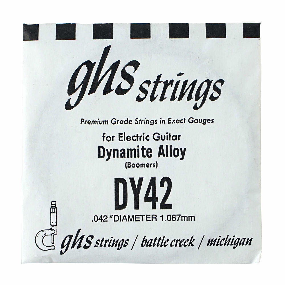 GHS DY42 Singles Boomers ROUNDWOUND .042 エレキギター用 バラ弦×4本。1964年に発売されたBoomersは、今ではGHSの代表的なモデルであり、フラグシップモデルとなりました。「パワーストリング」と呼ばれるその力強いサウンドはあらゆるジャンルのプレーヤーに愛用されています。GHS独自開発のDynamiteAlloy（ダイナマイトアロイ）合金製で、丸いコアにタイトに巻きつけたニッケルメッキ・スチールのラウンドワウンド弦です。明るい音色とロングサスティーンが特徴です。Nickel-Plated Steel / Roundwound・エレキギター用・型番：DY42・ゲージ：.042※「GHS DY42 バラ弦」 4本での販売です。