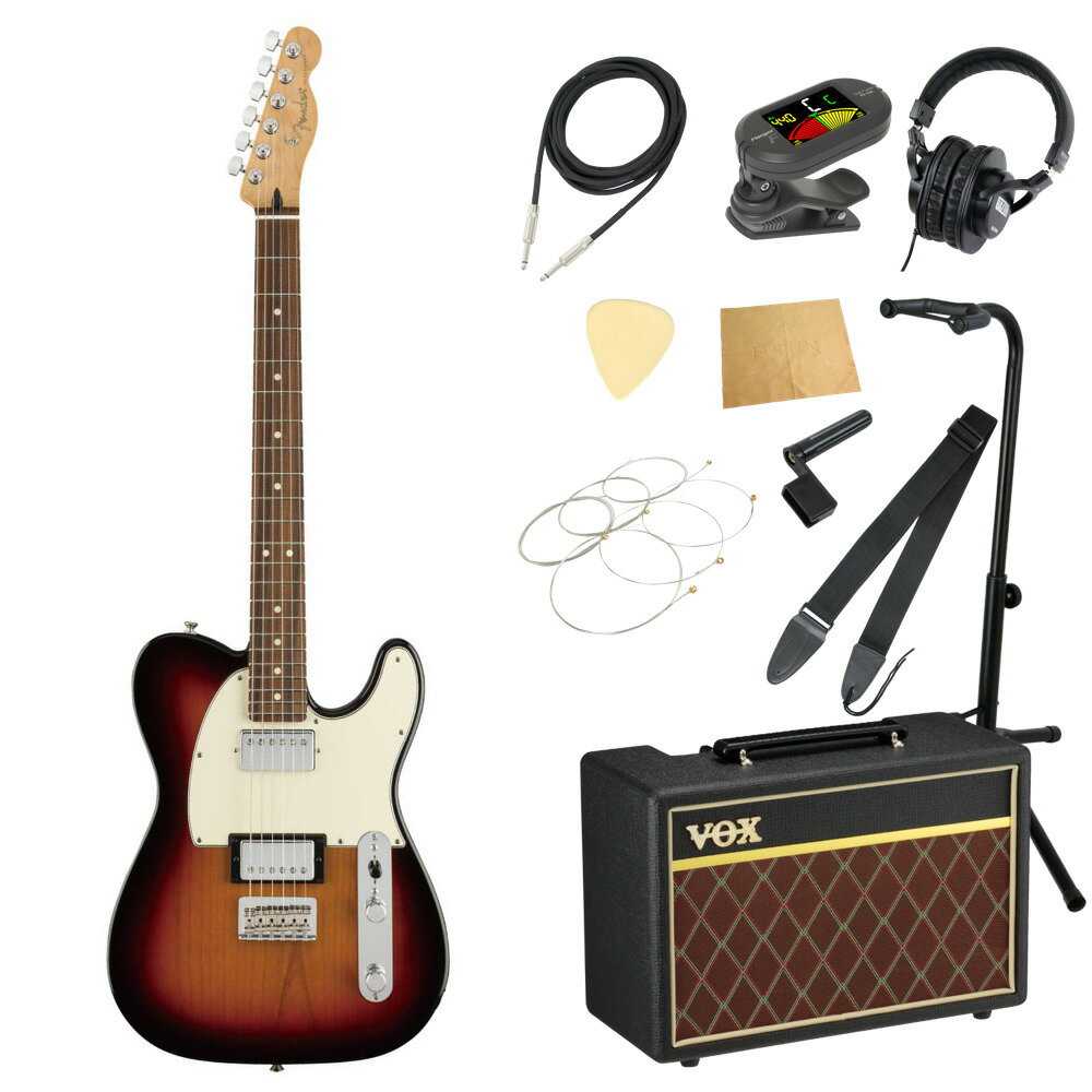 Fender Player Telecaster HH 3TS エレキギター VOXアンプ付き 入門11点 初心者セット※ギター本体、アンプ以外の小物類に関しては、用途は同じですが掲載画像の製品と異なる場合がございます。あらかじめご了承ください。エレキギターにVOXアンプ「VOX Pathfinder10」、ケーブル、チューナー、ストラップ、換え弦、スタンド、ピック、クロス、ヘッドホン、ストリングワインダーをお付けした11点セットです。Fender Player Telecaster HH 3TS エレキギター音楽的なインパクトを加えるのに最適なPlayer Telecaster HHは、正真正銘のピュアなフェンダーといえます。フィーリングとスタイル、そして最も大切なサウンドの三拍子が揃ったギターで、囁きから泣きのサウンドまで思いのままです。さまざまな音楽に対応するフレキシビリティを持ち、激しいギグにも耐える丈夫さを備えた馬車馬で、音楽的ビジョンを実現するための頼もしい相棒になってくれます。伝統を重んじながら革新的なスピリットを維持するPlayerシリーズのハムバッカーピックアップのペアが、モダンなエッジを効かせたファットながらアーティキュレートな本格的フェンダートーンを実現します。スムーズなフィニッシュで弾きやすい“モダンC”シェイプのメイプルネックは、あらゆるプレイスタイルにフィットします。モダンな9.5インチラディアスのフィンガーボードに打ち込まれたミディアムジャンボフレットは22フレットに拡張され、さまざまな音楽的表現を可能にしています。Telecasterの伝統的なトゥワングサウンドに加え、ストリングスルーボディのブリッジにベントスティールのサドルを採用し、正確なイントネーションと永遠に鳴り続けるサスティーンを実現します。さらに、マスターボリュームとトーンコントロール、バレルチップ付きの3Wayピックアップスイッチ、3層ピックガード、シンセティックボーンナット、デュアルウィングストリングツリー、シールドチューニングマシン、“F”の刻印が入った4ボルトのネックプレートが、本物のフェンダーを象徴しています。耐久性が高くプレイヤーのどのような要求にも応えるギターを求めるなら、Player Telecaster HHが最適です。【スペック】・ボディ：Alder・ボディフィニッシュ：Gloss Polyester・ボディシェイプ：Telecaster・ブリッジ：6-Saddle String-Through-Body Tele with Bent Steel Saddles・ブリッジピックアップ：Player Series Alnico 2 Humbucking・カラー：3-Color Sunburst・コンフィギュレーション：HH・コントロールノブ：Knurled Flat-Top・コントロール：Master Volume, Master Tone・フィンガーボード：Pau Ferro・フィンガーボードラジアス：9.5" (241 mm)・フレットサイズ：Medium Jumbo・ハードウェアフィニッシュ：Nickel/Chrome・アクセサリーむ：日本での販売には Gig Bag または ソフトケース が付属します。・モデルネーム：Player Telecaster HH, Pau Ferro Fingerboard, 3-Color Sunburst・ネックフィニッシュ：Satin Urethane Finish on Back of Neck with Gloss Urethane Headstock Face・ネック：Maple・ネックピックアップ：Player Series Alnico 2 Humbucking・ネックシェイプ：Modern "C"・フレット数：22・ナットの素材：Synthetic Bone・ナット幅：1.650" (42 mm)・オリエンテーション：Right-Hand・ピックガード：3-Ply Parchment・ピックアップコンフィギュレーション：HH・ピックアップスイッチ：3-Position Blade: Position 1. Bridge Pickup, Position 2. Bridge and Neck Pickups, Position 3. Neck Pickup・ポジションインレイ：White Dot・ネック材：Maple・ネックシェイプ：C Shape・スケール：25.5" (648 mm)・Special Electronics：Push-Pull Pot On Tone For Coil Split・ナット：Synthetic Bone・ストリング：Fender USA 250L Nickel Plated Steel (.009-.042 Gauges), PN 0730250403・トラスロッドレンチ：3/16" Hex (Allen)・トラスロッド：Standard・チューニングマシーン：Standard Cast/Sealed●セット内容・エレキギター本体・ギターアンプ・ギターケーブル・チューナー・ギターストラップ・ギター弦・ギタースタンド・ギターピック×10枚・ヘッドホン・クロス・ストリングワインダー