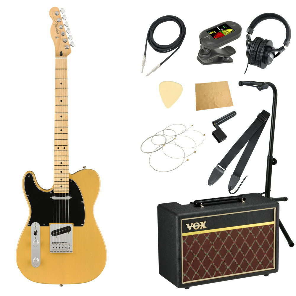 Fender Player Telecaster LH MN Butterscotch Blonde レフティ エレキギター VOXアンプ付き 入門11点 初心者セット※ギター本体、アンプ以外の小物類に関しては、用途は同じですが掲載画像の製品と異なる場合がございます。あらかじめご了承ください。エレキギターにVOXアンプ「VOX Pathfinder10」、ケーブル、チューナー、ストラップ、換え弦、スタンド、ピック、クロス、ヘッドホン、ストリングワインダーをお付けした11点セットです。Fender Player Telecaster LH MN Butterscotch Blonde レフティ エレキギター大胆かつ革新的で無骨なPlayer Telecaster LHは、正真正銘のピュアなフェンダーといえます。フィーリングとスタイル、そして最も大切なサウンドの三拍子が揃ったギターで、囁きから泣きのサウンドまで思いのままです。さまざまな音楽に対応する多様性を持ち、激しいギグにも耐える丈夫さを備えた馬車馬で、音楽的ビジョンを実現するための頼もしい相棒になってくれます。伝統を重んじながら革新的なスピリットを維持するPlayerシリーズのシングルコイルTelecasterピックアップのペアが、モダンなエッジを効かせたクリスピーでアーティキュレートな本格的フェンダートーンを実現します。スムーズなフィニッシュで弾きやすい“モダンC”シェイプのメイプルネックは、あらゆるプレイスタイルにフィットします。モダンな9.5インチラジアスのフィンガーボードに打ち込まれたミディアムジャンボフレットは22フレットに拡張され、さまざまな音楽的表現を可能としています。Telecasterの伝統的なトゥワング＆バイトに加え、ストリングスルーボディのブリッジにベントスティールのサドルを採用し、正確なイントネーションと永遠に鳴り続けるサスティーンを実現します。さらに、マスターボリュームとトーンコントロール、バレルチップ付きの3Wayピックアップスイッチ、3層ピックガード、シンセティックボーンナット、デュアルウィングストリングツリー、シールドチューニングマシン、“F”の刻印が入った4ボルトのネックプレートが、リアルなフェンダーを象徴しています。耐久性が高くプレイヤーのどのような要求にも応えるギターを求めるなら、Player Telecaster LHが最適です。【SPECIFICATIONS】ボディ：Alderボディフィニッシュ：Gloss Polyesterボディシェイプ：Telecasterネック：Mapleネックフィニッシュ：Satin Urethane Finish on Back, Gloss Urethane Finish on Frontネックシェイプ：Modern "C"スケール：25.5" (648 mm)フィンガーボード：Mapleフィンガーボードラジアス：9.5" (241 mm)フレットナンバー：22Frets Size：Medium Jumboナット：Synthetic Boneナット幅：1.650" (42 mm)ポジションインレイ：Black Dotsトラスロッド：Standardトラスロッドレンチ：3/16" Hex (Allen)ブリッジピックアップ：Player Series Alnico 5 Tele Single-Coilネックピックアップ：Player Series Alnico 5 Tele Single-Coilコントロール：Master Volume, Master Toneピックアップスイッチ：3-Position Blade: Position 1. Bridge Pickup, Position 2. Bridge and Neck Pickups, Position 3. Neck Pickupピックアップコンフィギュレーション：SSブリッジ：6-Saddle String-Through-Body Tele with Block Steel Saddlesハードウェアフィニッシュ：Nickel/Chromeチューニングマシーン：Standard Cast/Sealedピックガード：3-Ply Parchmentコントロールノブ：Knurled Flat-Topストリング：Fender USA, NPS, (.009-.042 Gauges)カラー：Butterscotch Blonde---------------●セット内容・エレキギター本体・ギターアンプ・ギターケーブル・チューナー・ギターストラップ・ギター弦・ギタースタンド・ギターピック×10枚・ヘッドホン・クロス・ストリングワインダー