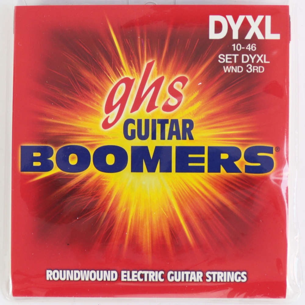 GHS DYXL Boomers WOUND 3RD EXTRA LIGHT 010-046 エレキギター弦×3セット。※画像はサンプルです。詳細に関しては、商品説明をご確認ください。1964年に発売されたBoomersは、今ではGHSの代表的なモデルであり、フラグシップモデルとなりました。「パワーストリング」と呼ばれるその力強いサウンドはあらゆるジャンルのプレーヤーに愛用されています。独自開発のDynamiteAlloy（ダイナマイトアロイ）合金製で、丸いコアにタイトに巻きつけたニッケルメッキ・スチールのラウンドワウンド弦です。明るい音色とロングサスティーンが特徴です。Roundwound Nickel-Plated Steel・型番：DYXL・ゲージ：.010 , .013 , DY18 , DY26 , DY36 , DY46（DY=Dynamite Alloy）※3セットでの販売です。