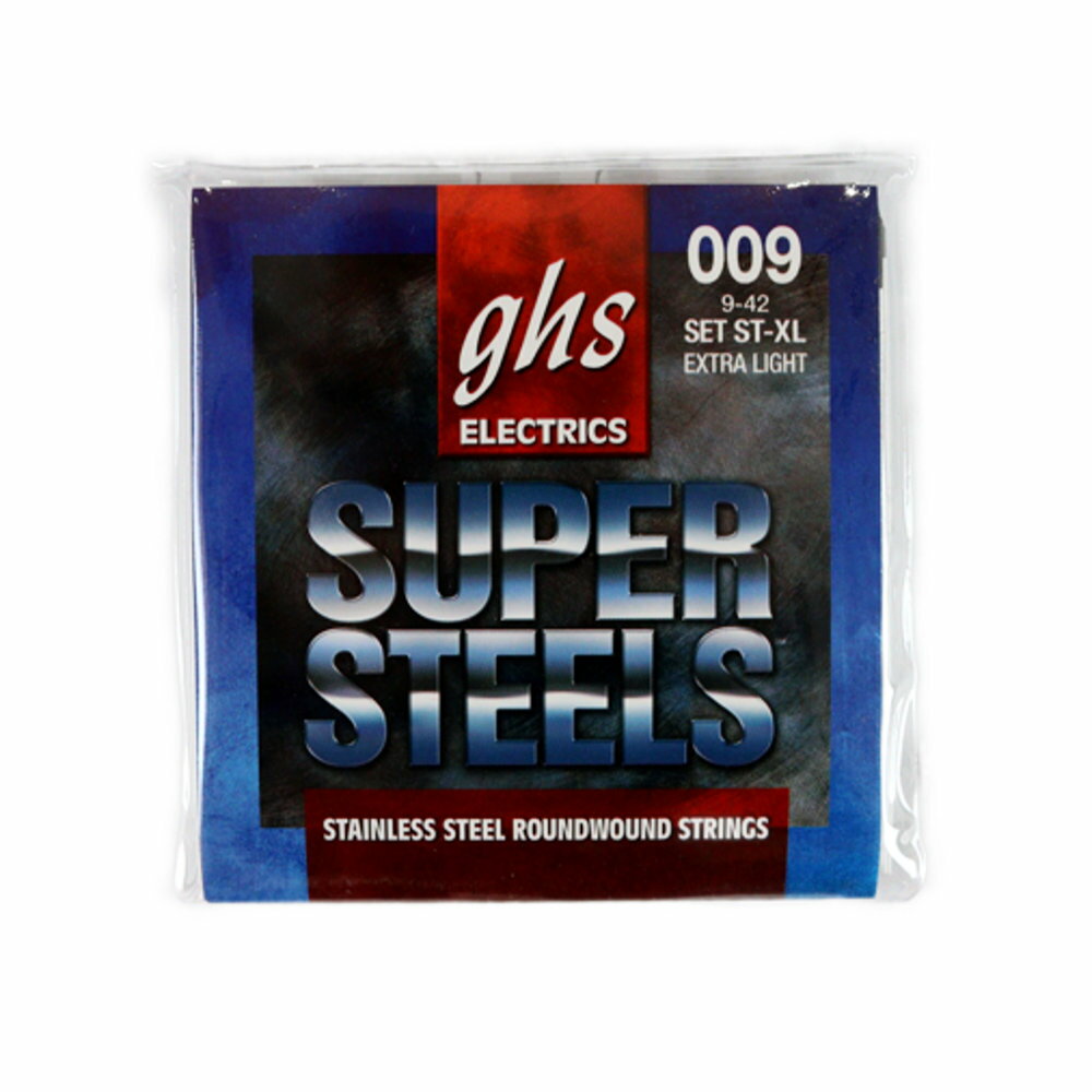 GHS ST-XL Super Steels EXTRA LIGHT 009-042 エレキギター弦×12セット。あなたがギターのトーンに納得できていなくて、ミックスの中で埋もれてしまっているなら、“スティールの弦”が成功へ導いてくれます。GHS Super Steelは、既に標準となっているステンレス6角コアにステンレスを巻いて製造されています。この組み合わせが秀でたブライトさと高いボリュームを提供してくれます。長いサスティーンで聴けばそれを実感できるでしょう。Roundwound Stainless Steel・型番：ST-XL・ゲージ：.009 , .011 , .016 , ST24 , ST32 , ST42※12セットでの販売です。