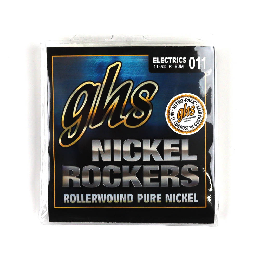 GHS R+EJM Nickel Rockers CUSTOM MEDIUM 011-052 エレキギター弦×3セット。100％ニッケル仕様のワウンド弦をローラーで潰し、表面を楕円状に仕上げたハーフワウンド弦です。これにより巻き弦のフィンガリングがスムーズになります。音質はややマイルドな響きを持ちます。Rollerwound Pure Nickel・型番：R+EJM・ゲージ：.011 , .014 , .019 , N28 , N40 , N52※3セットでの販売です。