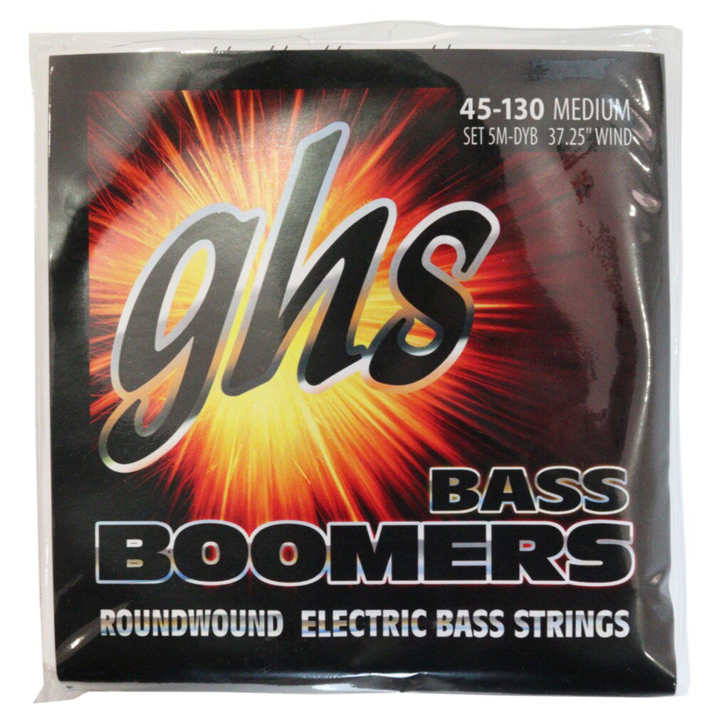 GHS 5M-DYB 5-String Bass Boomers MEDIUM Low B 045-130 5弦エレキベース弦×2セット。※画像はサンプルです。入荷時期によって掲載画像とパッケージデザインが異なる場合がございます。あらかじめご了承下さい。ゲージ等の詳細に関しては、商品説明をご確認ください。GHS Bass Boomersはパワフルなベース弦として多くのミュージシャンに長年愛用され続けて、その抜群のサウンドクオリティは名プレーヤー・Fleaの演奏も支えています。Guitar Boomersと同様にBass Boomersも、ニッケルメッキされたスティール弦で、明るく、音量があってサスティンが長く、かつ耐久性も優れています。・Standard Long Scale (Fits 34" Scales)Roundwound Nickel-Plated Steel5弦エレキベース用（Low B）・型番：5M-DYB・ゲージ：DYB45 , DYB65 , DYB85 , DYB105 , DYB130※2セットでの販売です。