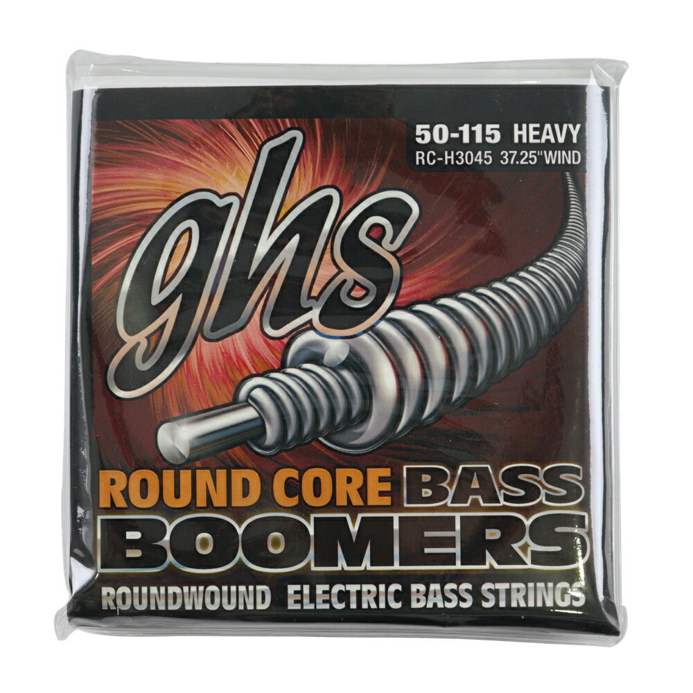 GHS RC-H3045 Round Core Bass Boomers HEAVY 050-115 エレキベース弦×2セット。※画像はサンプルです。詳細に関しては、商品説明をご確認ください。丸い芯線(通常のBASS BOOMERSは六角芯)を使用。レンジが広く特に中低音が強調されます。高音域はマイルドになり、全体的にソフトな出音。37.25"はGHSの中で最も長いベース弦になります。34"スケールのベースには一般的なブリッジ仕様にも裏通し仕様にも対応し、35"スケールで一般的なブリッジ仕様のベースに対応しています(裏通しには適応しない場合あり)。・型番：RC-H3045・ゲージ：RC-DYB50 , RC-DYB70 , RC-DYB95 , RC-DYB115※2セットでの販売です。