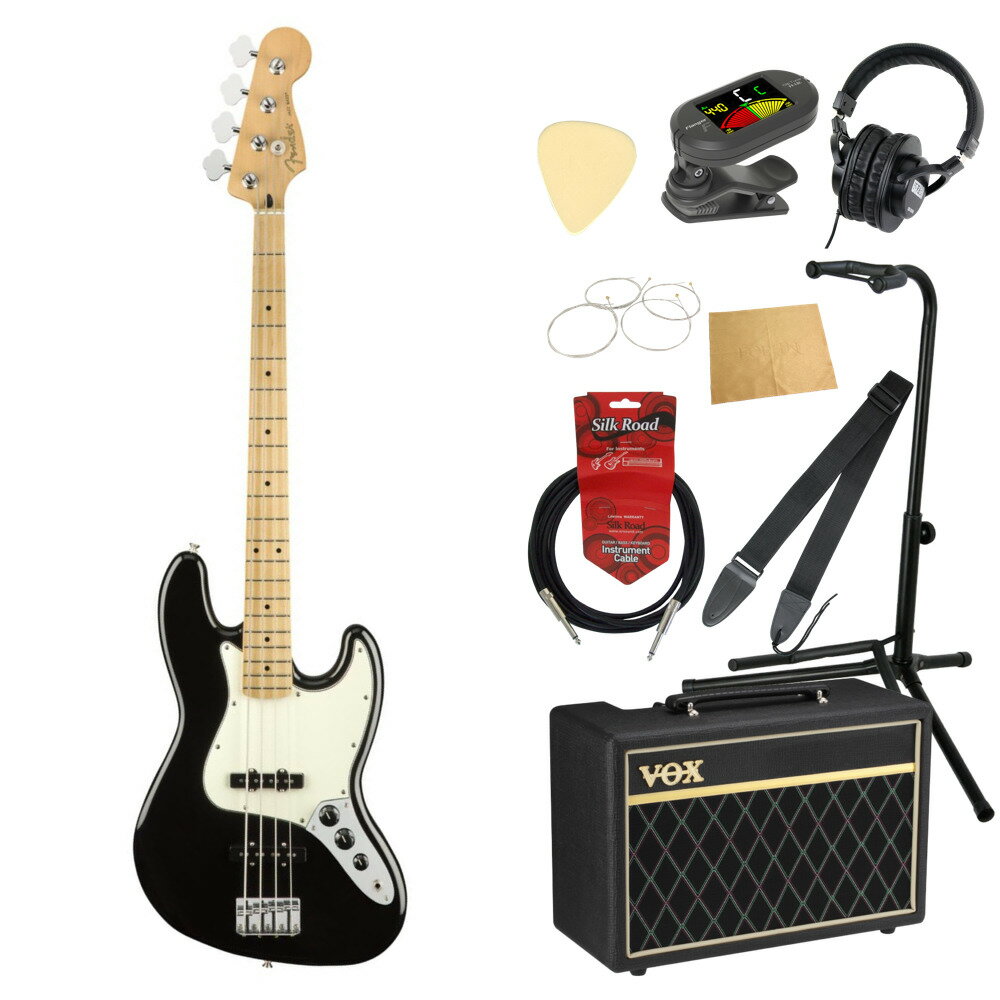 Fender Player Jazz Bass MN Black エレキベース VOXアンプ付き 入門10点 初心者セット※ベース本体、アンプ以外の小物類に関しては、用途は同じですが掲載画像の製品と異なる場合がございます。あらかじめご了承ください。エレキベースにVOXアンプ「VOX Pathfinder Bass 10」、ケーブル、チューナー、ストラップ、換え弦、スタンド、ピック、クロス、ヘッドホンをお付けした10点セットです。Fender Player Jazz Bass MN Black エレキベースデュアルシングルコイルピックアップを搭載し、スムーズなプレイを可能にするPlayer Jazz Bassは、クラシックで高尚なスタイルのベースです。正真正銘のフェンダーベーストーンを実現する印象的なベースギターで、パンチの効いたタイトでパワフルかつ重々しいサウンドを生み出します。引き締まったスムーズな弾き心地にマッチした唸るようなサウンドは、クリエイティヴなインスピレーションを与えてくれます。スタジオ内でもステージ上でも活躍してくれるPlayer Jazz Bassには、これまで実現できなかった考え得るすべてのものが凝縮されています。伝統を重んじながら革新的なスピリットを維持するPlayer シリーズに搭載され、唸るサウンドを生み出す2つのシングルコイルピックアップは、現代人の耳に合わせて音量をアップ。伝説的なフェンダーベースのトーンを実現しています。各ピックアップを調整するボリュームコントロールとマスタートーンコントロールは手に近い位置に配置され、パワフルなサウンド作りを容易にしています。“モダンC”シェイプのメイプルネックには、20本のミディアムジャンボフレットを打ち込んだ9.5インチラジアスのフィンガーボードが組み合わされ、さまざまなプレイスタイルに対応します。さらに、4サドルのブリッジは正確なイントネーションを実現し、プレイスタイルやテイストに合わせて簡単に調整できるようデザインされています。また、3層ピックガード、シンセティックボーンナット、ヴィンテージスタイルのディスクストリングツリー、オープンギアのチューニングマシン、“F”の刻印が入った4 ボルトのネックプレートが、本物のフェンダーを象徴しています。正真正銘のフェンダーサウンドとスタイル、フィーリングを備え、レベルアップに貢献してくれるベースを求めるなら、Player Jazz Bassが最適です。【SPECIFICATIONS】ボディ：Alderボディフィニッシュ：Gloss Polyesterボディシェイプ：Jazz Bassネック：Mapleネックフィニッシュ：Satin Urethane Finish on Back, Gloss Urethane Finish on Frontネックシェイプ：Modern "C"スケール：34" (864 mm)フィンガーボード：Mapleフィンガーボードラジアス：9.5" (241 mm)フレットナンバー：20Frets Size：Medium Jumboナット：Synthetic Boneナット幅：1.5" (38.1 mm)ポジションインレイ：Black Dotsトラスロッド：Standardトラスロッドレンチ：3/16" Hex (Allen)ブリッジピックアップ：Player Series Alnico 5 Single-Coil Jazz Bassミドルピックアップ：Player Series Alnico 5 Single-Coil Jazz Bassコントロール：Volume 1. (Middle Pickup), Volume 2. (Bridge Pickup), Master Toneピックアップコンフィギュレーション：SSブリッジ：4-Saddle Standardハードウェアフィニッシュ：Nickel/Chromeチューニングマシーン：Standard Open-Gearピックガード：3-Ply Parchmentコントロールノブ：Vintage Style Black Plastic Jazz Bassストリング：Fender USA, NPS, (Gauges .045 - .105)カラー：Black---------------●セット内容・エレキベース本体・ベースアンプ・ケーブル・チューナー・ストラップ・ベース弦・ギタースタンド・ギターピック×10枚・ヘッドホン・クロス