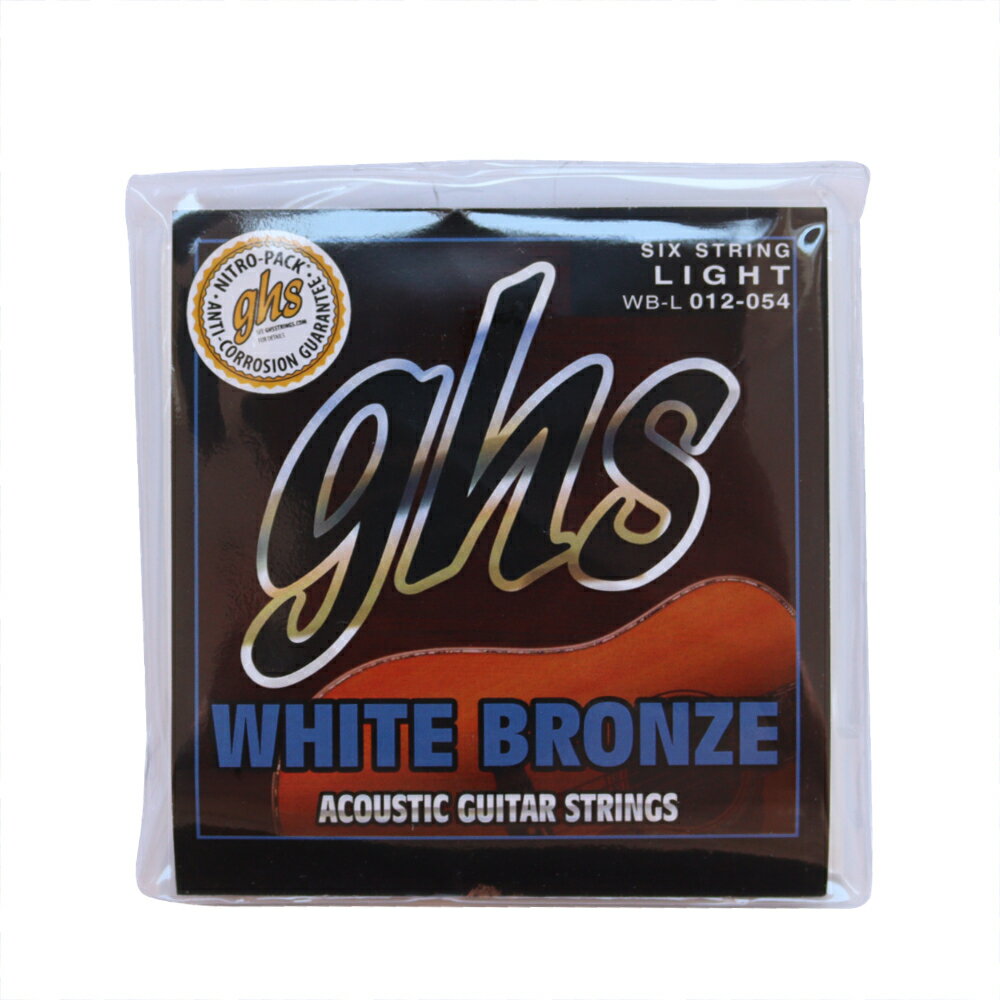 GHS WB-L White Bronze STANDARD LIGHT 012-054 アコースティックギター弦×6セット。※入荷時期によって掲載画像とパッケージデザインが異なる場合がございます。あらかじめご了承下さい。Alloy 52合金で巻いたこの弦は磁気的に効率がよく、エレクトリックアコースティックギターに最適です。また、この材質は湿気による錆に強いので、長期間曇りのないトーンを維持してくれます。Alloy 52・型番：WB-L・Standard Light・ゲージ：.012 , .016 , WB24 , WB32 , WB42 , WB54※6セットでの販売です。