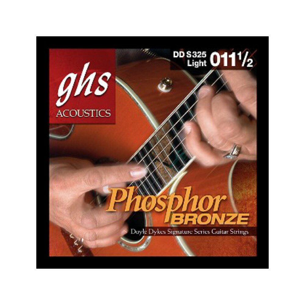 GHS DDS325 Doyle Dykes Signature Phosphor Bronze 0115-054 アコースティックギター弦×12セット。※画像はサンプルです。詳細に関しては、商品説明をご確認ください。GHSの優れたPhosphor Bronze弦を元に、Doyle Dykesのために特別にセットにしたのがDDS325セットです。GHS Phosphor Bronze弦は、銅とスズ、リンの合金（リン青銅）を6角コアに巻いた丈夫な弦です。このコンビネーションはリッチでブライトなトーンを長持ちさせてくれます。この巻き弦は不快なオーバートーンを発することなくブライトなトーンを生み出してくれます。Copper-Tin-Phosphor Alloy・型番：DDS325・Light・ゲージ：.0115 , .015 , B22 , B30 , B42 , B54※12セットでの販売です。