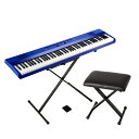 KORG コルグ L1SP MBULE Liano 電子ピアノ メタリックブルー X型ピアノ椅子付きセットコルグの電子ピアノ『L1SP』に折りたたみ可能なX型の椅子をおつけしたセット商品です。セット内容：・KORG L1SP MBULE Liano 電子ピアノ メタリックブルー・X型ピアノ椅子（キーボードベンチ）---------------KORG コルグ L1SP MBULE Liano 電子ピアノ メタリックブルー魅力の詰まった鮮やかな5つの新しいカラーで、ピアノにさらなる楽しさを。豊富なサウンド、パワフルなスピーカー、心地よい鍵盤、そしてスリムでコンパクトなデザインで、あなたの生活に限りない音楽の楽しみをお届けします。お気に入りのLianoを選んで、あなたの想いの全てを奏でましょう。Love Piano, Love Liano.ピアノがある生活をイメージしてみましょう。すぐそばにピアノがあるだけで毎日楽しい気分になれる。やっぱり音楽っていいな、ピアノっていいな。でも、うちに置くには大きいし重いしどうしよう。そんな迷いを吹き飛ばす軽量でスリムなピアノができました。音楽とピアノをもっと好きになる。そんな新しい日常をLianoで始めよう。●7cmの薄さを誇るスリムなデザイン●ダイヤルで簡単に選べる8音色●バスレフ構造で実現した豊かな低音●6kgの軽量ボディで気軽に持ち運び●単3形電池6本で8時間*連続動作●弾きやすいライトタッチ鍵盤●USB端子を装備●便利なバンドル・ソフト●Lianoにはペダル、譜面立て、専用スタンドを標準装備。買ったその日から演奏を楽しむことができます。●弾く楽しさをもっと身近にカラー：メタリックブルー鍵盤LS鍵盤：88鍵（A0〜C8）タッチ・コントロール：3種類ピッチトランスポーズ、ピッチ音律：平均律音源：ステレオPCM音源同時発音数：120 ※音色によって最大同時発音数は異なります音色数：8音色エフェクト：リバーブ、コーラスデモ・ソング：8曲（音色デモ・ソング）メトロノーム：テンポ、拍子、音量ペダル：ダンパー接続端子：PHONES/LINE OUT兼用端子、USB端子（Type-B）、DAMPER端子コントロール：電源、VOLUME、REVERB、METRONOME、音色ノブスピーカー：8cm x 2アンプ出力8W x 2電源：ACアダプター（DC 12V） 単3形アルカリ乾電池6本、またはニッケル水素乾電池6本（別売）電池寿命：約8時間（単3形アルカリ乾電池6本）※使用電池、使用状況により変動します消費電力：5W外形寸法（W x D x H）：1,282 x 290 x 73 mm 1,282 x 457 x 781 mm（スタンド含む）※突起物含む、譜面立て含まず質量:6.0 kg 8.4 kg（スタンド含む）※電池、譜面立て含まず付属品：ACアダプター（KA390）、譜面立て、ペダル・スイッチ：PS-3、ピアノスタンドアクセサリー（別売）：ダンパー・ペダル：DS-1H、ペダル・スイッチ：PS-1、ピアノ椅子：PC-300（BK、WH）、PC-110（BK、WH）、ソフトケース：SEQUENZ SC-B2N、ダスト・カバー：DC-P2---------------X型ピアノ椅子（キーボードベンチ）折りたたみ可能なX型のピアノ椅子です。