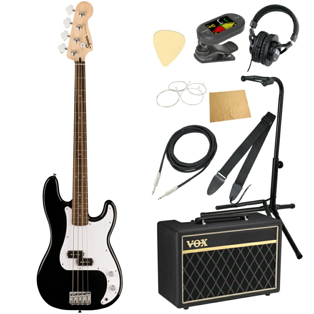 Squier スクワイヤー スクワイア Sonic Precision Bass LRL BLK エレキベース VOXアンプ付き 入門10点 初心者セット※ベース本体、アンプ以外の小物類に関しては、用途は同じですが掲載画像の製品と異なる場合がございます。あらかじめご了承ください。エレキベースにVOXアンプ「VOX Pathfinder Bass 10」、ケーブル、チューナー、ストラップ、換え弦、スタンド、ピック、クロス、ヘッドホンをお付けした10点セットです。Squier スクワイヤー スクワイア Sonic Precision Bass LRL BLK エレキベースSquier Sonic Precision Bass なら、時間を飛び越えるようなスピードで、どんな音楽でもすぐにベースを始めることができます。象徴的なフェンダースタイル、そして刺激的なトーンをあらゆるプレーヤーにお届けします。この P Bass は、薄く軽量なボディに、1.5 インチの狭いナット幅、スリムで魅力的な「C」シェイプネックが相まって、快適な演奏性をもたらします。 Squier スプリットシングルコイルピックアップはパンチの効いたベーストーンを奏でます。その他、正確なイントネーション調整ができる4サドルハードテイルブリッジ、スムーズで正確なチューニングが可能なオープンギアチューニングマシン、耐久性のあるクロムメッキハードウェアなど、魅力的な特徴を数多く備えています。●Features・薄く軽量なボディ設計・Squier Split Single-Coilピックアップを装備・4サドル式ハードテイルブリッジ・シールドギアチューニングマシン・クロムハードウェア【スペック】・プロダクトネーム：Squier Sonic Precision Bass, Laurel Fingerboard, White Pickguard, Black・モデル番号：0373900506・シリーズ：Squier Sonic・オリエンテーション：Right-Hand・カラー：Black・原産国：ID・ヘッドストック：Precision Bass・ネック：Bolt-On・ネックフィニッシュ：Satin Urethane・ネックシェイプ："C" Shape・ネック：Bolt-On・フィンガーボードラジアス：9.5" (241 mm)・フィンガーボードの素材：Indian Laurel・ポジションインレイ：Pearloid Dot・フレット数：20・トラスロッド：Head Adjust・トラスロッドナット：4 mm Hex・ナット：Synthetic Bone・ナット幅：1.5" (38.1 mm)・ナットの素材：Synthetic Bone・ボディ：Poplar・ボディフィニッシュ：Gloss Polyurethane・ボディシェイプ：Precision Bass・ボディ素材：Poplar・ブリッジ：4-Saddle Standard・ピックガード：1-Ply White・コントロールノブ：Knurled Flat-Top・ハードウェアフィニッシュ：Chrome・チューニングマシーン：Vintage-Style・ストリング：Nickel Plated Steel (.045-.105 Gauges)・ネックプレート：4-Bolt Squier・ストラップボタン：Vintage-Style・ネックピックアップ：Ceramic Split Single-Coil・ピックアップコンフィギュレーション：Split Single-Coil・コントロール：Master Volume, Master Tone・スウィッチ：None・フレットサイズ：Narrow Tall・スケール：34" (86.36 cm)・トラスロッドレンチ：4 mm Hex (Allen)●セット内容・エレキベース本体・ベースアンプ・ケーブル・チューナー・ストラップ・ベース弦・ギタースタンド・ギターピック×10枚・ヘッドホン・クロス