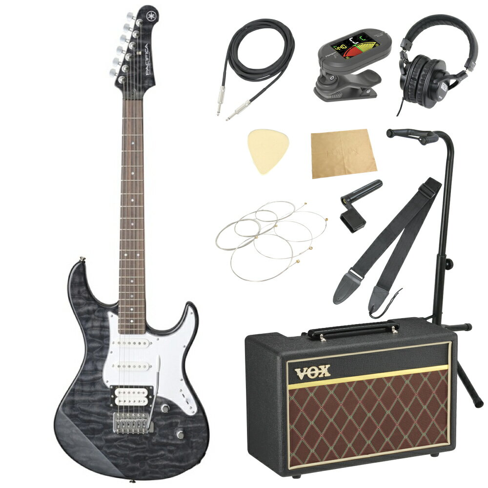 ヤマハ YAMAHA PACIFICA212VQM TBL パシフィカ VOXアンプ付き 入門11点 エレキギター初心者セット※ギター本体、アンプ以外の小物類に関しては、用途は同じですが掲載画像の製品と異なる場合がございます。あらかじめご了承ください。エレキギターにVOXアンプ「VOX Pathfinder10」、ケーブル、チューナー、ストラップ、換え弦、スタンド、ピック、クロス、ヘッドホン、ストリングワインダーをお付けした11点セットです。YAMAHA（ヤマハ） PACIFICA212VQM TBL エレキギター です。PACIFICA112Vをベースに、ボディトップ及びヘッドに美しいキルテッドメイプルを配した高級感あふれるモデルです。BODY：　Alder＋Quilted MapleNECK：　Maple（Bolt-On)FINGERBOARD：　Rosewood 22F(350R)BRIDGE：　Block Type/Vintage TypePICKUPS：　Alnico V Single Coil x 2, Alnico V Humbucker x 1CONTROLS：　Master Volume、Master Tone、(Coil Tap SW)、5P-Selector SWSCALE：　648mmHARDWARE：　ChromeColor：　TBL（トランスルーセントブラック）ソフトケース付き---------------●セット内容・エレキギター本体・VOX Pathfinder10 ギターアンプ・シールドケーブル・クリップチューナー・ストラップ・エレキギター弦・ギター/ベーススタンド・ピック・ヘッドホン・ケアクロス・ストリングワインダー