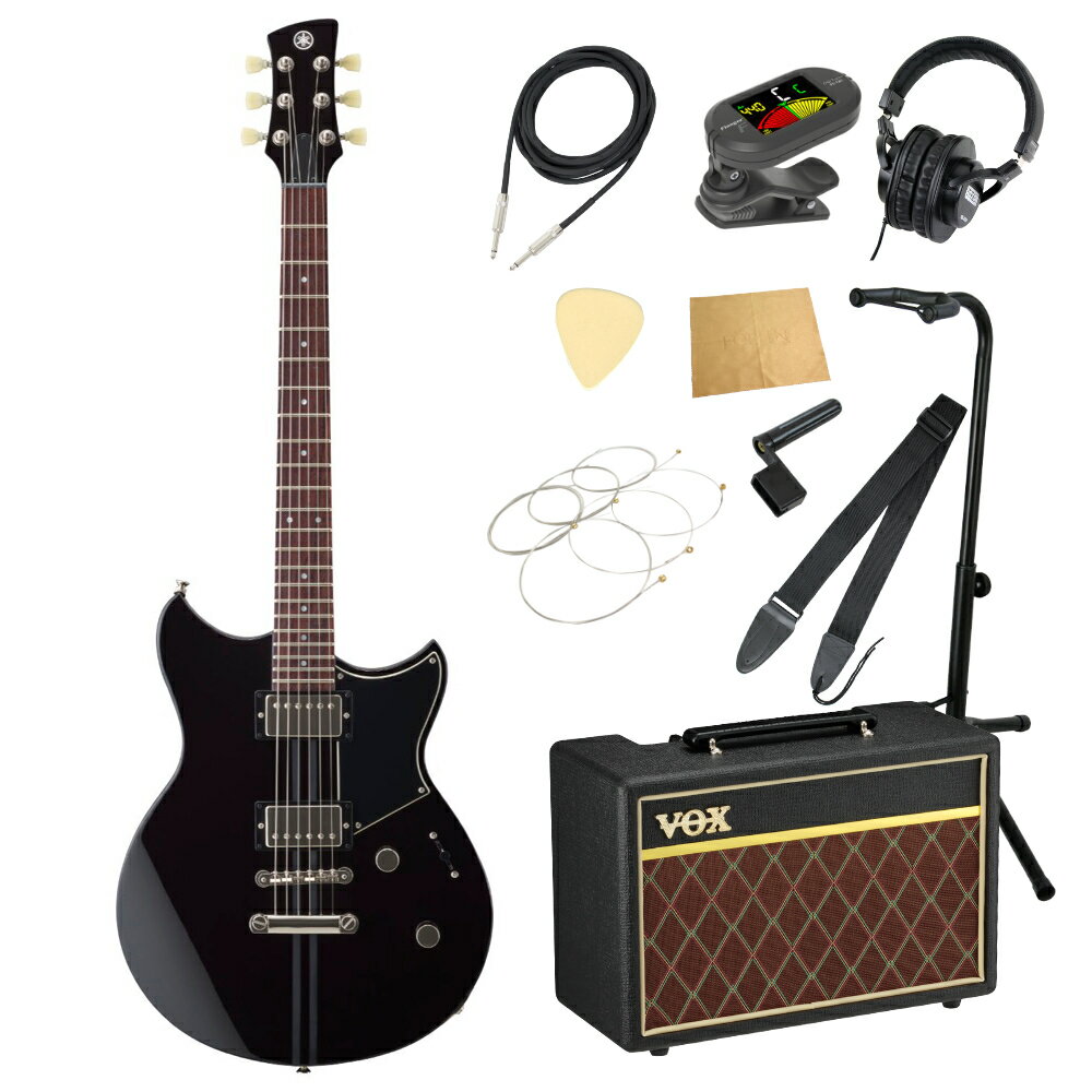 ヤマハ YAMAHA REVSTAR RSE20 BL エレキギター VOXアンプ付き 入門11点 初心者セット※ギター本体、アンプ以外の小物類に関しては、用途は同じですが掲載画像の製品と異なる場合がございます。あらかじめご了承ください。エレキギターにVOXアンプ「VOX Pathfinder10」、ケーブル、チューナー、ストラップ、換え弦、スタンド、ピック、クロス、ヘッドホン、ストリングワインダーをお付けした11点セットです。ヤマハ YAMAHA REVSTAR RSE20 BL エレキギター新世代のREVSTAR2015年に登場したREVSTARは、ヤマハエレクトリックギターの十数年越しの新シリーズとして、大きな注目を集めました。2022年、新開発の技術を取り入れREVSTARシリーズは新たなステージへと進化しました。【REVSTAR ELEMENT】ELEMENTS OF TONEチェンバー加工を採用し、豊かなボディの鳴りと、コンター加工による取り回しの良いボディ形状を実現したモデル。「アコースティック・デザイン」をもとにしたチェンバー加工ヤマハの音響解析プロセス「アコースティック・デザイン」をもとにチェンバー加工を施し、豊かな鳴りとボディの軽量化を実現しました。ドライスイッチプッシュプル式のトーンノブには、明るい音色を得られるフィルター回路“ドライスイッチ”を搭載しました。従来のコイルタップに比べ音量差・ノイズを抑えつつ、ブライトなトーンを得られます。RSE20は、カフェレーサーをイメージした5種類のカラーをラインアップ。チェンバー構造ボディ、アルニコV搭載ハムバッカー、ドライスイッチを備え、多くのギタリストの音楽スタイルにマッチします。【特徴】・カフェレーサーにインスパイアされた5つのカラーフィニッシュ・チェンバー加工が施されたマホガニーボディ・マホガニーネック・ヤマハ独自開発のハムバッカーVH3搭載・ドライスイッチ搭載（トーンノブ Push/Pull）【仕様】仕様：セットネック弦長：24-3/4” (628.6mm)ボディボディ：チェンバードマホガニー仕上げ：グロスネックネック：3ピースマホガニーネック仕上げ：サテンポリウレタン指板：ローズウッド指板アール：12" (304.8mm)フレット仕様：ジャンボフレット数：22ナット：PPSネック幅 0フレット/12フレット：41.9 / 56.8 mmネック厚 1フレット / 12フレット：21.0 / 23.9 mm電装フロントピックアップ：VH3n: ハムバッカー / アルニコ Vリアピックアップ：VH3b: ハムバッカー / アルニコ Vコントロール：マスターボリューム,マスタートーン（プッシュ-プル「ドライスイッチ」）ピックアップスイッチ：3-ポジションスイッチハードウェアブリッジ：チューン O マチック弦間ピッチ：10.5mmテールピース：ストップテールピースペグ：ダイキャストピックガード：3プライブラック弦：Elixir Nanoweb Light / 0.010-0.046ケース：ソフトケースカラー：ブラック---------------●セット内容・エレキギター本体・VOX Pathfinder10 ギターアンプ・シールドケーブル・クリップチューナー・ストラップ・エレキギター弦・ギター/ベーススタンド・ピック・ヘッドホン・ケアクロス・ストリングワインダー