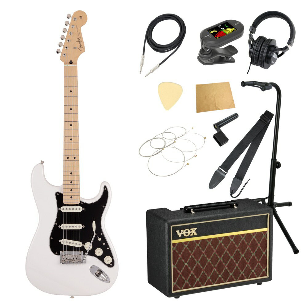 Fender フェンダー Made in Japan Junior Collection Stratocaster MN AWT エレキギター VOXアンプ付き 入門11点 初心者セット※ギター本体、アンプ以外の小物類に関しては、用途は同じですが掲載画像の製品と異なる場合がございます。あらかじめご了承ください。エレキギターにVOXアンプ「VOX Pathfinder10」、ケーブル、チューナー、ストラップ、換え弦、スタンド、ピック、クロス、ヘッドホン、ストリングワインダーをお付けした11点セットです。Fender Made in Japan Junior Collection Stratocaster MN AWT エレキギターMade in Japan Junior Collection Stratocasterは従来のFenderのルックスを纏いながら24インチスケール指板を採用した、これから楽器を始めるエントリープレイヤーや若年層への新しい選択肢の一つとなるギターです。24インチスケール指板がコードを押さえやすさと押弦時の指への負担を軽減し、約94%にスケールダウンしたコンパクトなボディと新しいボディキャビティ設計により軽量化を実現することで、より高い演奏性を提供します。搭載している新設計のJunior Collection Modified Single Coil Stratocasterピックアップは、ブライトなフェンダーのStratocasterトーンが得られます。ヴィンテージタイプのチューナーとヴィンテージスタイルサドル付きの2点支持トレモロブリッジにより、チューニングの安定性を確保しています。【スペック】・カラー：Arctic White・原産国：JP・オリエンテーション：Right-Hand・シリーズ：Made in Japan Junior Collection・Fingerboard Material：Maple・フィンガーボードラジアス：9.5" (241 mm)・ネックフィニッシュ：Satin Urethane・ネック：Maple・ネックシェイプ：Modern "C"・フレット数：22・ナットの素材：Bone・ナット幅：1.650" (42 mm)・ポジションインレイ：Black Dot・ナット：Bone・ボディ：Basswood・ボディフィニッシュ：Gloss Polyester・ボディ素材：Basswood・ボディシェイプ：Stratocaster・ブリッジ：2-Point Synchronized Tremolo with Vintage-Style Stamped Steel Saddles・コントロールノブ：Vintage White Plastic・ハードウェアフィニッシュ：Nickel/Chrome・Neck Plate：4-Bolt・ピックガード：3-Ply Black・ストリング：Nickel Plated Steel (.009-.042 Gauges)・Switch Tip：Vintage White・チューニングマシーン：Vintage-Style・ブリッジピックアップ：Junior Collection Modified Single Coil Stratocaster・コントロール：Master Volume, Tone 1. (Neck Pickup), Tone 2. (Middle Pickup)・ミドルピックアップ：Junior Collection Modified Single Coil Stratocaster・ネックピックアップ：Junior Collection Modified Single Coil Stratocaster・ピックアップコンフィギュレーション：SSS・Switching：5-Position Blade: Position 1. Bridge Pickup, Position 2. Bridge and Middle Pickup, Position 3. Middle Pickup, Position 4. Middle and Neck Pickup, Position 5. Neck Pickup・フレットサイズ：Narrow Tall・スケール：24" (610 mm)・ケース：Gig Bag---------------●セット内容・エレキギター本体・VOX Pathfinder10 ギターアンプ・シールドケーブル・クリップチューナー・ストラップ・エレキギター弦・ギター/ベーススタンド・ピック・ヘッドホン・ケアクロス・ストリングワインダー