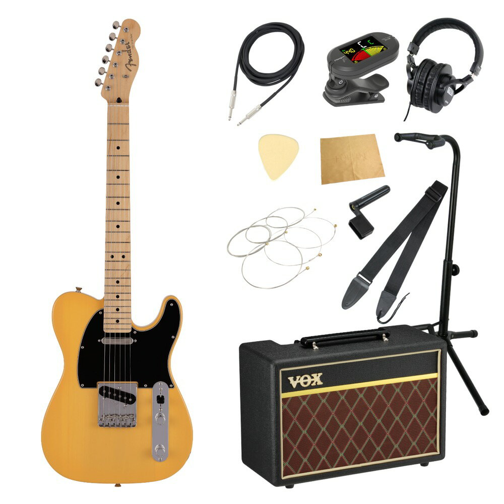 Fender フェンダー Made in Japan Junior Collection Telecaster MN BTB エレキギター VOXアンプ付き 入門11点 初心者セット※ギター本体、アンプ以外の小物類に関しては、用途は同じですが掲載画像の製品と異なる場合がございます。あらかじめご了承ください。エレキギターにVOXアンプ「VOX Pathfinder10」、ケーブル、チューナー、ストラップ、換え弦、スタンド、ピック、クロス、ヘッドホン、ストリングワインダーをお付けした11点セットです。Fender Made in Japan Junior Collection Telecaster MN BTB エレキギターMade in Japan Junior Collection Telecasterは従来のFenderのルックスを纏いながら24インチスケール指板を採用した、これから楽器を始めるエントリープレイヤーや若年層への新しい選択肢の一つとなるギターです。24インチスケール指板がコードを押さえやすさと押弦時の指への負担を軽減し、約94%にスケールダウンしたコンパクトなボディと新しいボディキャビティ設計により軽量化を実現することで、より高い演奏性を提供します。搭載している新設計のJunior Collection Modified Single Coil Telecasterピックアップは、高めのゲインによる歯切れの良いTelecasterトーンが得られます。ヴィンテージタイプのチューナーと6-Saddle Vintage-Style Strings-Through-Body Teleブリッジにより、チューニングの安定性を確保しています。またバックカットを入れることにより、体に吸い付くようなフィット感を実現しています。【Spec】カラー：Butterscotch Blonde原産国：JPオリエンテーション：Right-Handシリーズ：Made in Japan Junior CollectionFingerboard Material：Mapleフィンガーボードラジアス：9.5" (241 mm)ネックフィニッシュ：Satin Urethaneネック：Mapleネックシェイプ：Modern "C"フレット数：22ナットの素材：Boneナット幅：1.650" (42 mm)ポジションインレイ：Black Dotナット：Boneボディ：Basswoodボディフィニッシュ：Gloss Polyesterボディ素材：Basswoodボディシェイプ：Telecasterブリッジ：6-Saddle Vintage-Style Strings-Through-Body Teleコントロールノブ：Knurled Flat-Topハードウェアフィニッシュ：Nickel/ChromeNeck Plate：4-Boltピックガード：3-Ply Blackストリング：Nickel Plated Steel (.009-.042 Gauges)Switch Tip：Blackチューニングマシーン：Vintage-Styleブリッジピックアップ：Junior Collection Modified Single Coil Telecasterコントロール：Master Volume, Master Toneネックピックアップ：Junior Collection Modified Single Coil Telecasterピックアップコンフィギュレーション：SSSwitching：3-Position Blade: Position 1. Bridge Pickup, Position 2. Bridge and Neck Pickups, Position 3. Neck Pickupフレットサイズ：Narrow Tallスケール：24" (610 mm)ケース/ギグバッグ: Gig Bag---------------●セット内容・エレキギター本体・VOX Pathfinder10 ギターアンプ・シールドケーブル・クリップチューナー・ストラップ・エレキギター弦・ギター/ベーススタンド・ピック・ヘッドホン・ケアクロス・ストリングワインダー