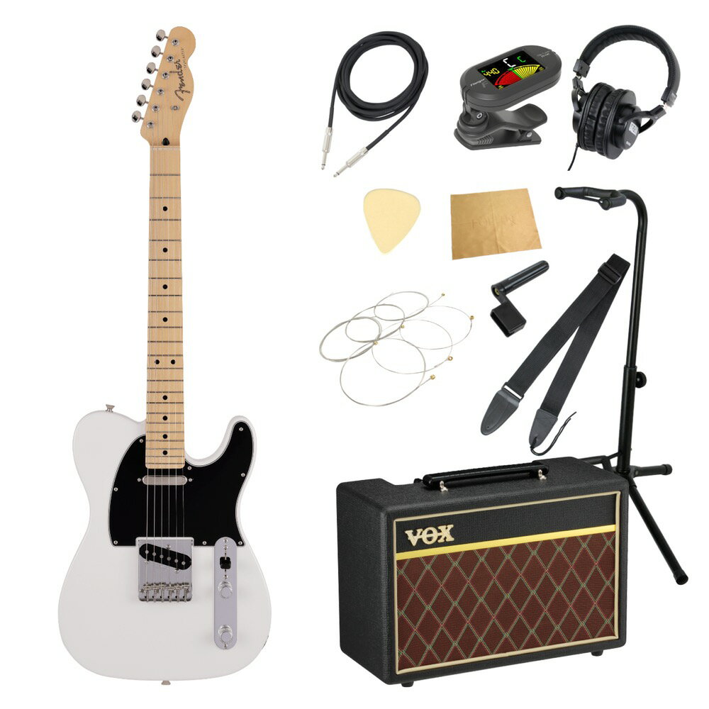 Fender フェンダー Made in Japan Junior Collection Telecaster MN AWT エレキギター VOXアンプ付き 入門11点 初心者セット※ギター本体、アンプ以外の小物類に関しては、用途は同じですが掲載画像の製品と異なる場合がございます。あらかじめご了承ください。エレキギターにVOXアンプ「VOX Pathfinder10」、ケーブル、チューナー、ストラップ、換え弦、スタンド、ピック、クロス、ヘッドホン、ストリングワインダーをお付けした11点セットです。Fender Made in Japan Junior Collection Telecaster MN AWT エレキギターMade in Japan Junior Collection Telecasterは従来のFenderのルックスを纏いながら24インチスケール指板を採用した、これから楽器を始めるエントリープレイヤーや若年層への新しい選択肢の一つとなるギターです。24インチスケール指板がコードを押さえやすさと押弦時の指への負担を軽減し、約94%にスケールダウンしたコンパクトなボディと新しいボディキャビティ設計により軽量化を実現することで、より高い演奏性を提供します。搭載している新設計のJunior Collection Modified Single Coil Telecasterピックアップは、高めのゲインによる歯切れの良いTelecasterトーンが得られます。ヴィンテージタイプのチューナーと6-Saddle Vintage-Style Strings-Through-Body Teleブリッジにより、チューニングの安定性を確保しています。またバックカットを入れることにより、体に吸い付くようなフィット感を実現しています。【Spec】カラー：Arctic White原産国：JPオリエンテーション：Right-Handシリーズ：Made in Japan Junior CollectionFingerboard Material：Mapleフィンガーボードラジアス：9.5" (241 mm)ネックフィニッシュ：Satin Urethaneネック：Mapleネックシェイプ：Modern "C"フレット数：22ナットの素材：Boneナット幅：1.650" (42 mm)ポジションインレイ：Black Dotナット：Boneボディ：Basswoodボディフィニッシュ：Gloss Polyesterボディ素材：Basswoodボディシェイプ：Telecasterブリッジ：6-Saddle Vintage-Style Strings-Through-Body Teleコントロールノブ：Knurled Flat-Topハードウェアフィニッシュ：Nickel/ChromeNeck Plate：4-Boltピックガード：3-Ply Blackストリング：Nickel Plated Steel (.009-.042 Gauges)Switch Tip：Blackチューニングマシーン：Vintage-Styleブリッジピックアップ：Junior Collection Modified Single Coil Telecasterコントロール：Master Volume, Master Toneネックピックアップ：Junior Collection Modified Single Coil Telecasterピックアップコンフィギュレーション：SSSwitching：3-Position Blade: Position 1. Bridge Pickup, Position 2. Bridge and Neck Pickups, Position 3. Neck Pickupフレットサイズ：Narrow Tallスケール：24" (610 mm)ケース/ギグバッグ: Gig Bag---------------●セット内容・エレキギター本体・VOX Pathfinder10 ギターアンプ・シールドケーブル・クリップチューナー・ストラップ・エレキギター弦・ギター/ベーススタンド・ピック・ヘッドホン・ケアクロス・ストリングワインダー