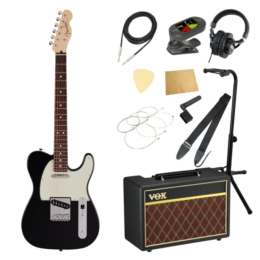 Fender フェンダー Made in Japan Junior Collection Telecaster RW BLK エレキギター VOXアンプ付き 入門11点 初心者セット※ギター本体、アンプ以外の小物類に関しては、用途は同じですが掲載画像の製品と異なる場合がございます。あらかじめご了承ください。エレキギターにVOXアンプ「VOX Pathfinder10」、ケーブル、チューナー、ストラップ、換え弦、スタンド、ピック、クロス、ヘッドホン、ストリングワインダーをお付けした11点セットです。Fender Made in Japan Junior Collection Telecaster RW BLK エレキギターMade in Japan Junior Collection Telecasterは従来のFenderのルックスを纏いながら24インチスケール指板を採用した、これから楽器を始めるエントリープレイヤーや若年層への新しい選択肢の一つとなるギターです。24インチスケール指板がコードを押さえやすさと押弦時の指への負担を軽減し、約94%にスケールダウンしたコンパクトなボディと新しいボディキャビティ設計により軽量化を実現することで、より高い演奏性を提供します。搭載している新設計のJunior Collection Modified Single Coil Telecasterピックアップは、高めのゲインによる歯切れの良いTelecasterトーンが得られます。ヴィンテージタイプのチューナーと6-Saddle Vintage-Style Strings-Through-Body Teleブリッジにより、チューニングの安定性を確保しています。またバックカットを入れることにより、体に吸い付くようなフィット感を実現しています。【Spec】カラー：Black原産国：JPオリエンテーション：Right-Handシリーズ：Made in Japan Junior CollectionFingerboard Material：Rosewoodフィンガーボードラジアス：9.5" (241 mm)ネックフィニッシュ：Satin Urethaneネック：Mapleネックシェイプ：Modern "C"フレット数：22ナットの素材：Boneナット幅：1.650" (42 mm)ポジションインレイ：White Dotナット：Boneボディ：Basswoodボディフィニッシュ：Gloss Polyesterボディ素材：Basswoodボディシェイプ：Telecasterブリッジ：6-Saddle Vintage-Style Strings-Through-Body Teleコントロールノブ：Knurled Flat-Topハードウェアフィニッシュ：Nickel/ChromeNeck Plate：4-Boltピックガード：3-Ply Mint Greenストリング：Nickel Plated Steel (.009-.042 Gauges)Switch Tip：Blackチューニングマシーン：Vintage-Styleブリッジピックアップ：Junior Collection Modified Single Coil Telecasterコントロール：Master Volume, Master Toneネックピックアップ：Junior Collection Modified Single Coil Telecasterピックアップコンフィギュレーション：SSSwitching：3-Position Blade: Position 1. Bridge Pickup, Position 2. Bridge and Neck Pickups, Position 3. Neck Pickupフレットサイズ：Narrow Tallスケール：24" (610 mm)ケース/ギグバッグ: Gig Bag---------------●セット内容・エレキギター本体・VOX Pathfinder10 ギターアンプ・シールドケーブル・クリップチューナー・ストラップ・エレキギター弦・ギター/ベーススタンド・ピック・ヘッドホン・ケアクロス・ストリングワインダー