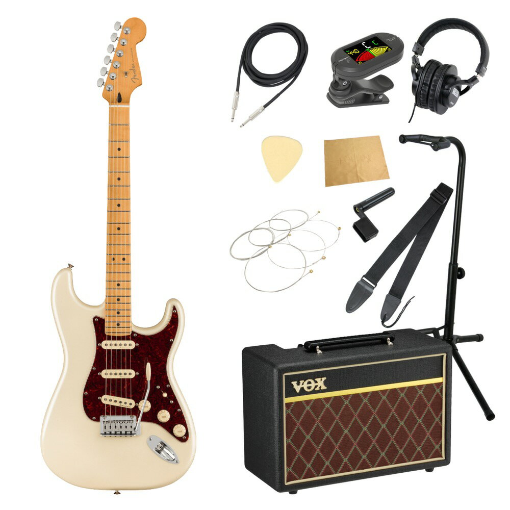 Fender フェンダー Player Plus Stratocaster OLP エレキギター VOXアンプ付き 入門11点 初心者セット※ギター本体、アンプ以外の小物類に関しては、用途は同じですが掲載画像の製品と異なる場合がございます。あらかじめご了承ください。エレキギターにVOXアンプ「VOX Pathfinder10」、ケーブル、チューナー、ストラップ、換え弦（.009-.042）、スタンド、ピック、クロス、ヘッドホン、ストリングワインダーをお付けした11点セットです。Fender Player Plus Stratocaster OLP エレキギターPlayer Plus Stratocasterは、クラシックなフェンダーデザインにプレイヤーを意識した実用的な機能とエキサイティングなフィニッシュを融合させ、優れた演奏体験と紛れもないスタイリングを提供します。本モデルのサウンドの心臓部には、繊細なダイナミックスを実現する3基のPlayer Plus Noiselessピックアップをフィーチャーしています。ブライトでタッチセンシティブなこのピックアップは、ハムノイズを抑制したクラシックなStratocasterトーンを提供します。トーンコントロールはプッシュ／プル仕様となっており、スイッチポジション1と2にの際にネックピックアップを追加することができ、多彩なサウンドを実現します。サテンフィニッシュのModern "C "シェイプPlayer Plus Stratネックは、手にぴったりとフィットし、滑らかなエッジのロールオフ処理が心地よさを提供します。12インチラジアス指板と22本のミディアムジャンボフレットはリードプレイに適しており、弦落ちを気にすることなく、アグレッシブなベンディングを可能にします。スムーズで卓越したレスポンスを実現する2点支持トレモロとロッキングチューナーにより、激しいアーミングをしても安定したチューニングを維持することができ、弦交換も容易に行えます。フェンダーの伝統的なスタイル、先進的なパフォーマンス、そして魅力的なフィニッシュを備えたPlayer Plus Stratocasterは、あなたのクリエイティビティを刺激し、ワンランク上のプレイをサポートします。【スペック】・カラー：Olympic Pearl・原産国：MX・オリエンテーション：Right-Hand・シリーズ：Player Plus・Fingerboard Material：Maple・フィンガーボードラジアス：12" (305 mm)・ネック：Maple・ネックフィニッシュ：Satin Urethane・ネック：Maple・ネックシェイプ：Modern "C"・フレット数：22・ナットの素材：Synthetic Bone・ナット幅：1.685" (42.8 mm)・ポジションインレイ：Black Pearloid Dot・サイドドット：・ナット：Synthetic Bone・ボディ：Alder・ボディフィニッシュ：Gloss Polyester・ボディ素材：Alder・ボディシェイプ：Stratocaster・ブリッジ：2-Point Synchronized Tremolo with Block Saddles・コントロールノブ：Aged White Plastic・ハードウェアフィニッシュ：Nickel/Chrome・Neck Plate：4-Bolt・ピックガード：4-Ply Tortoiseshell（べっこう柄）・Pickup Covers：Aged White・Strap Buttons：Vintage-Style・ストリング：Fender USA 250LR Nickel Plated Steel (.009-.046 Gauges), PN 0730250404・Switch Tip：Aged White・チューニングマシーン：Deluxe Cast/Sealed Locking (all short posts)・Auxiliary Switching：Push/Pull Switch On Tone 2 Adds Neck Pickup To Positions 1 and 2・ブリッジピックアップ：Player Plus Noiseless Strat・コントロール：Master Volume, Tone 1. (Neck/Middle Pickups), Tone 2. (Bridge Pickup)・ミドルピックアップ：Player Plus Noiseless Strat・ネックピックアップ：Player Plus Noiseless Strat・ピックアップコンフィギュレーション：SSS・Switching：5-Position Blade: Position 1. Bridge Pickup, Position 2. Bridge and Middle Pickup, Position 3. Middle Pickup, Position 4. Middle and Neck Pickup, Position 5. Neck Pickup・ケース付き---------------●セット内容・エレキギター本体・VOX Pathfinder10 ギターアンプ・シールドケーブル・クリップチューナー・ストラップ・エレキギター弦（.009-.042）・ギター/ベーススタンド・ピック・ヘッドホン・ケアクロス・ストリングワインダー