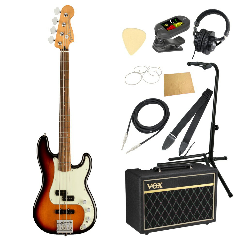 Fender フェンダー Player Plus Precision Bass 3TSB エレキベース VOXアンプ付き 入門10点 初心者セット※ベース本体、アンプ以外の小物類に関しては、用途は同じですが掲載画像の製品と異なる場合がございます。あらかじめご了承ください。エレキベースにVOXアンプ「VOX Pathfinder Bass 10」、ケーブル、チューナー、ストラップ、換え弦、スタンド、ピック、クロス、ヘッドホンをお付けした10点セットです。Fender Player Plus Precision Bass 3TSB エレキベースPlayer Plus PJピックアップを搭載したPlayer Plus Precision Bassは、フェンダーのベースサウンドの特徴である、圧巻のパンチ力と唸るようなトーンを提供します。アクティブ3バンドEQにより繊細なサウンドデザインができ、アクティブ／パッシブの切り替えが究極のフレキシビイリティを実現します。サテンフィニッシュのModern "C "シェイプネックは滑らかでスピーディーなプレイに適しています。質量を高めた堅牢な構造のHiMassブリッジにより豊かなサスティンとレゾナンス、そして完璧なイントネーションが得られます。フェンダーの伝統的なスタイル、先進的なパフォーマンス、そして魅力的なフィニッシュを備えたPlayer Plus Precision Bassは、あなたのクリエイティビティを刺激し、ワンランク上のプレイをサポートします。【スペック】・カラー：3-Color Sunburst・原産国：MX・オリエンテーション：Right-Hand・シリーズ：Player Plus・Fingerboard Material：Pau Ferro・フィンガーボードラジアス：12" (305 mm)・ネックフィニッシュ：Satin Urethane・ネック：Maple・フレット数：20・ナットの素材：Synthetic Bone・ナット幅：1.625" (41.3 mm)・ポジションインレイ：White Pearloid Dot・サイドドット：・ナット：Synthetic Bone・ボディ：Alder・ボディフィニッシュ：Gloss Polyester・ボディ素材：Alder・ボディシェイプ：Precision Bass・ブリッジ：Fender HiMass with Chrome-Plated Zinc Saddles・コントロールノブ：Knurled Flat-Top・ハードウェアフィニッシュ：Nickel/Chrome・Neck Plate：4-Bolt・ピックガード：3-Ply Mint Green・Pickup Covers：Black・Strap Buttons：Vintage-Style・ストリング：Fender USA 7250M Nickel Plated Steel (.045-.105 Gauges), PN 0737250406・チューニングマシーン：Standard Open-Gear・ブリッジピックアップ：Player Plus Noiseless Jazz Bass・コントロール：Master Volume, Pan Pot (Pickup Selector), Treble Boost/Cut, Midrange Boost/Cut, Bass Boost/Cut, Active/Passive Mini Toggle・ミドルピックアップ：Player Plus Precision Bass・ピックアップコンフィギュレーション：PJ・Switching：Pan Pot・ケース付き---------------●セット内容・エレキベース本体・ベースアンプ・ケーブル・チューナー・ストラップ・ベース弦・ギタースタンド・ギターピック×10枚・ヘッドホン・クロス