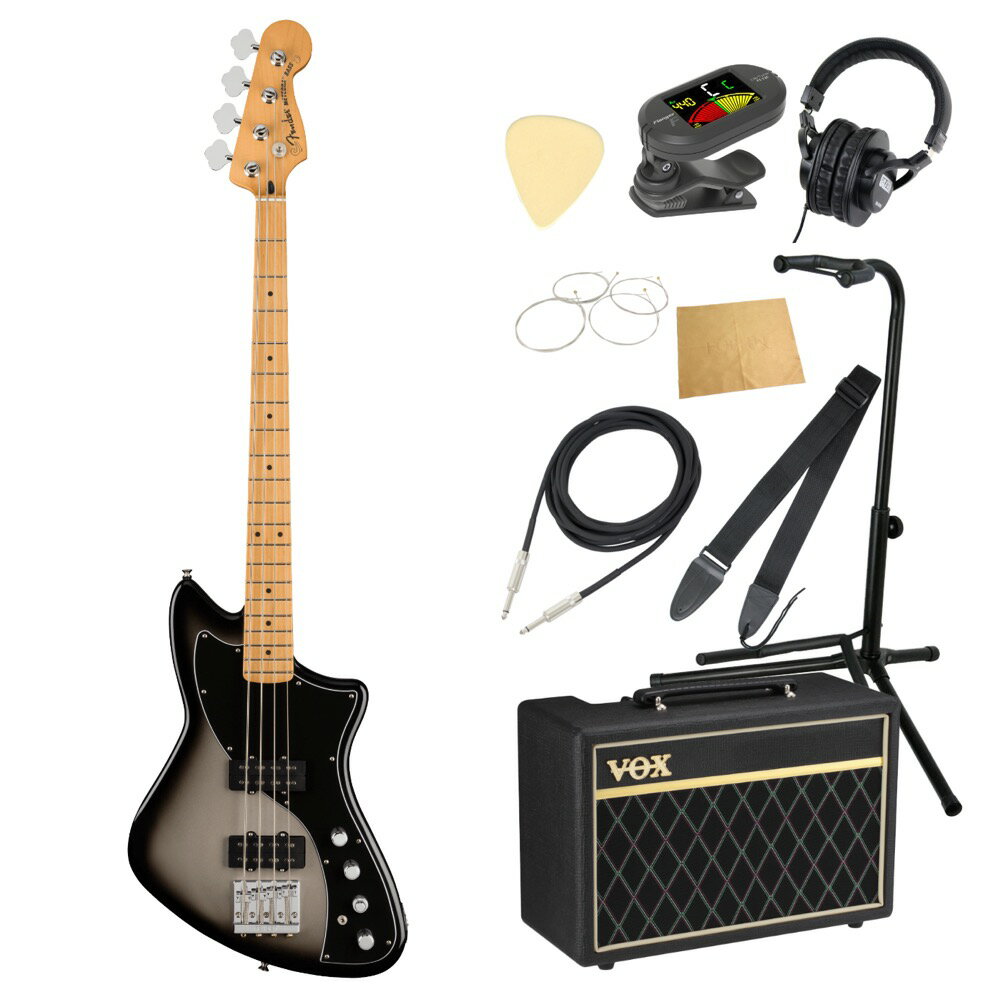 Fender フェンダー Player Plus Active Meteora Bass Silverburst エレキベース VOXアンプ付き 入門10点 初心者セット※ベース本体、アンプ以外の小物類に関しては、用途は同じですが掲載画像の製品と異なる場合がございます。あらかじめご了承ください。エレキベースにVOXアンプ「VOX Pathfinder Bass 10」、ケーブル、チューナー、ストラップ、換え弦、スタンド、ピック、クロス、ヘッドホンをお付けした10点セットです。Fender Player Plus Active Meteora Bass Silverburst エレキベース革新的なフェンダーデザインとプレイヤーファーストで設計された機能性、それらを融合して斬新な仕上がりで生み出されたPlayer Plus Meteora Bassは、優れたプレイアビリティと唯一無二のスタイルを兼ね備えています。搭載されたFireball Bass Humbuckingピックアップにより、メリハリのあるパンチとうねるような低音を鳴らすことができます。3バンドアクティブEQは、切り替え可能なアクティブ/パッシブ操作で正確なトーンを提供し、究極の柔軟性を備えています。シルキーなサテン仕様のモダン「C」ネックは12インチラジアスで、しっかりと手にフィットし、ロール加工されたエッジがこの上なく快適なプライアビリティを提供します。高い安定性を誇るHiMassブリッジは、豊かなサステインと鳴りをもたらし、完璧なイントネーションを提供します。定番のフェンダースタイル、高度な機能と見事なまでの新仕様で、Player Plus Meteora Bassはあなたの創造性を刺激し、他とは一線を画す画期的なギアです。【スペック】・カラー：Silverburst・原産国：MX・オリエンテーション：Right-Hand・シリーズ：Player Plus・Fingerboard Material：Maple・フィンガーボードラジアス：12" (305 mm)・ネックフィニッシュ：Satin Urethane with Gloss Urethane Headstock Face・ネック：Maple・ネックシェイプ：Modern "C"・フレット数：20・ナットの素材：Synthetic Bone・ナット幅：1.5" (38.1 mm)・ポジションインレイ：Black Dot・サイドドット：・ナット：Synthetic Bone・トラスロッド：Single Action, Head Adjust・ボディ：Alder・ボディフィニッシュ：Gloss Polyester・ボディ素材：Alder・ボディシェイプ：Meteora・ブリッジ：4-Saddle Adjustable HiMass・コントロールノブ：Knurled Flat-Top・ハードウェアフィニッシュ：Nickel/Chrome・Neck Plate：4-Bolt・ピックガード：3-Ply Black・Strap Buttons：Vintage-Style・ストリング：Fender USA 7250M Nickel Plated Steel (.045-.105 Gauges), PN 0737250406・チューニングマシーン：Standard Open-Gear・ブリッジピックアップ：Fireball Bass Humbucking・コントロール：Master Volume, Pan Pot (Pickup Selector), Treble Boost/Cut, Midrange Boost/Cut, Bass Boost/Cut, Active/Passive Mini Toggle・ミドルピックアップ：Fireball Bass Humbucking・ピックアップコンフィギュレーション：HH・Special Electronics：Active/Passive Mini-Toggle Switch・Switching：Pan Pot・フレットサイズ：Medium Jumbo・スケール：34" (86.36 cm)・ケース付き---------------●セット内容・エレキベース本体・ベースアンプ・ケーブル・チューナー・ストラップ・ベース弦・ギタースタンド・ギターピック×10枚・ヘッドホン・クロス