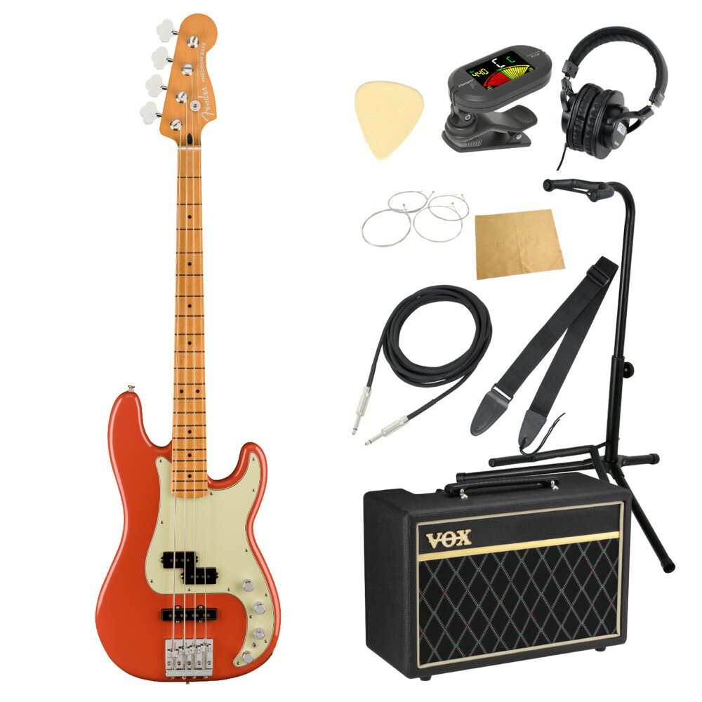 Fender フェンダー Player Plus Precision Bass MN Fiesta Red エレキベース VOXアンプ付き 入門10点 初心者セット※ベース本体、アンプ以外の小物類に関しては、用途は同じですが掲載画像の製品と異なる場合がございます。あらかじめご了承ください。エレキベースにVOXアンプ「VOX Pathfinder Bass 10」、ケーブル、チューナー、ストラップ、換え弦、スタンド、ピック、クロス、ヘッドホンをお付けした10点セットです。Fender フェンダー Player Plus Precision Bass MN Fiesta Red エレキベースPlayer Plus PJピックアップを搭載したPlayer Plus Precision Bassは、フェンダーのベースサウンドの特徴である、圧巻のパンチ力と唸るようなトーンを提供します。アクティブ3バンドEQにより繊細なサウンドデザインができ、アクティブ／パッシブの切り替えが究極のフレキシビイリティを実現します。サテンフィニッシュのModern "C "シェイプネックは滑らかでスピーディーなプレイに適しています。質量を高めた堅牢な構造のHiMassブリッジにより豊かなサスティンとレゾナンス、そして完璧なイントネーションが得られます。フェンダーの伝統的なスタイル、先進的なパフォーマンス、そして魅力的な新しいフィニッシュを備えたPlayer Plus Precision Bassは、あなたのクリエイティビティを刺激し、ワンランク上のプレイをサポートします。【スペック】Generalシリーズ：Player Plusオリエンテーション：Right-Handカラー：Fiesta Red原産国：MXNeckネック：MapleネックフィニッシュSatin Urethaneネックシェイプ：Modern "C"フィンガーボードラジアス：12" (305 mm)FINGERBOARD MATERIAL：Mapleポジションインレイ：Black Dotサイドドットフレット数：20トラスロッド：Single Action, Head Adjustナット：Synthetic Boneナット幅：1.625" (41.3 mm)ナットの素材：Synthetic Boneボディボディ：Alderボディフィニッシュ：Gloss Polyesterボディシェイプ：Precision Bassボディ素材：AlderHardwareブリッジ：Fender HiMass with Chrome-Plated Zinc Saddlesピックガード：3-Ply Mint GreenPICKUP COVERS：Blackコントロールノブ：Knurled Flat-Topハードウェアフィニッシュ：Nickel/Chromeチューニングマシーン：Standard Open-Gearストリング：Fender USA 7250M Nickel Plated Steel (.045-.105 Gauges), PN 0737250406NECK PLATE：4-BoltSTRAP BUTTONS：Vintage-StyleElectronicsブリッジピックアップ：Player Plus Noiseless Jazz Bassミドルピックアップ：Player Plus Precision Bassピックアップコンフィギュレーション：Sコントロール：Master Volume, Pan Pot (Pickup Selector), Treble Boost/Cut, Midrange Boost/Cut, Bass Boost/Cut, Active/Passive Mini ToggleSWITCHING：Pan Potケース/ギグバッグ:Deluxe Gig Bag---------------●セット内容・エレキベース本体・ベースアンプ・ケーブル・チューナー・ストラップ・ベース弦・ギタースタンド・ギターピック×10枚・ヘッドホン・クロス