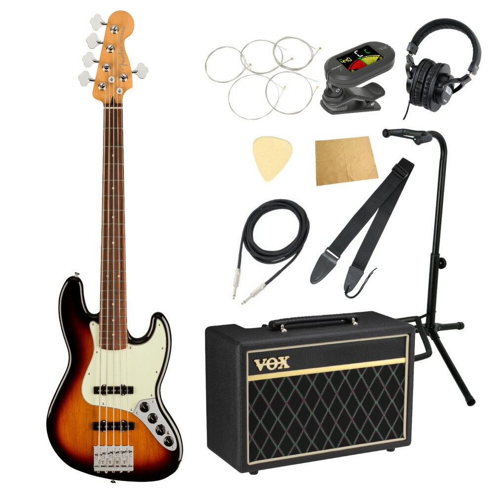 Fender フェンダー Player Plus Jazz Bass V 3TSB 5弦エレキベース VOXアンプ付き 入門10点 初心者セット※ベース本体、アンプ以外の小物類に関しては、用途は同じですが掲載画像の製品と異なる場合がございます。あらかじめご了承ください。エレキベースにVOXアンプ「VOX Pathfinder Bass 10」、ケーブル、チューナー、ストラップ、換え弦、スタンド、ピック、クロス、ヘッドホンをお付けした10点セットです。Fender Player Plus Jazz Bass V 3TSB 5弦エレキベースPlayer Plus Noiseless Jazz Bassピックアップを搭載したPlayer Plus Jazz Bass Vは、フェンダーのベースサウンドの特徴である、卓越した明瞭度と唸るようなトーンを提供します。アクティブ3バンドEQにより繊細なサウンドデザインができ、アクティブ／パッシブの切り替えが究極のフレキシビイリティを実現します。サテンフィニッシュのModern "C "シェイプネックは滑らかでスピーディーなプレイに適しています。質量を高めた堅牢な構造のHiMassブリッジにより豊かなサスティンとレゾナンス、そして完璧なイントネーションが得られます。フェンダーの伝統的なスタイル、先進的なパフォーマンス、そして魅力的な新しいフィニッシュを備えたPlayer Plus Jazz Bass Vは、あなたのクリエイティビティを刺激し、ワンランク上のプレイをサポートします。【スペック】・カラー：3-Color Sunburst・原産国：MX・オリエンテーション：Right-Hand・シリーズ：Player Plus・Fingerboard Material：Pau Ferro・フィンガーボードラジアス：12" (305 mm)・ネック：Maple・ネックフィニッシュ：Satin Urethane・ネック：Maple・ネックシェイプ：Modern "C"・フレット数：20・ナットの素材：Synthetic Bone・ナット幅：1.875" (47.6 mm)・ポジションインレイ：White Pearloid Dot・サイドドット：・ナット：Synthetic Bone・ボディ：Alder・ボディフィニッシュ：Gloss Polyester・ボディ素材：Alder・ボディシェイプ：Jazz Bass・ブリッジ：Fender HiMass with Chrome-Plated Zinc Saddles・コントロールノブ：Vintage Style Black Plastic Jazz Bass・ハードウェアフィニッシュ：Nickel/Chrome・Neck Plate：4-Bolt・ピックガード：3-Ply Mint Green・Pickup Covers：Black・Strap Buttons：Vintage-Style・ストリング：Fender USA 7250-5M Nickel Plated Steel (.045-.125 Gauges), PN 0737250456・チューニングマシーン：Standard Open-Gear・ブリッジピックアップ：Player Plus Noiseless Jazz Bass・コントロール：Master Volume, Pan Pot (Pickup Selector), Treble Boost/Cut, Midrange Boost/Cut, Bass Boost/Cut, Active/Passive Mini Toggle・ミドルピックアップ：Player Plus Noiseless Jazz Bass・ピックアップコンフィギュレーション：SS・Switching：Pan Pot・ケース付き---------------●セット内容・エレキベース本体・ベースアンプ・ケーブル・チューナー・ストラップ・ベース弦・ギタースタンド・ギターピック×10枚・ヘッドホン・クロス