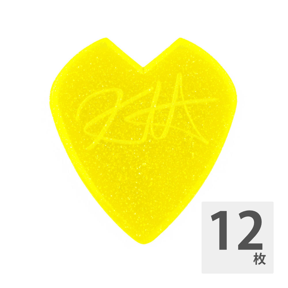 JIM DUNLOP ジムダンロップ 47RKH3NYS Kirk Hammett JAZZ III PICK YELLOW GLITTER ギターピック×12枚。KIRK HAMMETT（カーク・ハメット）の新しいシグネチャー・ピック。目を引く黄色のグリッターカラーは、カーク・ハメットの音楽的ルーツであるパンク・ミュージックと、メタリカの音楽性に大きな影響を与えたNWOBHM（ニュー・ウェーブ・オブ・ブリティッシュ・ヘヴィ・メタル）への原点回帰を表現しています。「2004年頃からこのピックを使い始めて、決して変わることはなかった。このピックを使うようになってから、よりクリアな音でより速くプレイすることができるようになった。V字のカットによりグリップも最高だ。みんなが気に入ってくれることを願っているよ」- Kirk Hammett※12枚セットでの販売です。