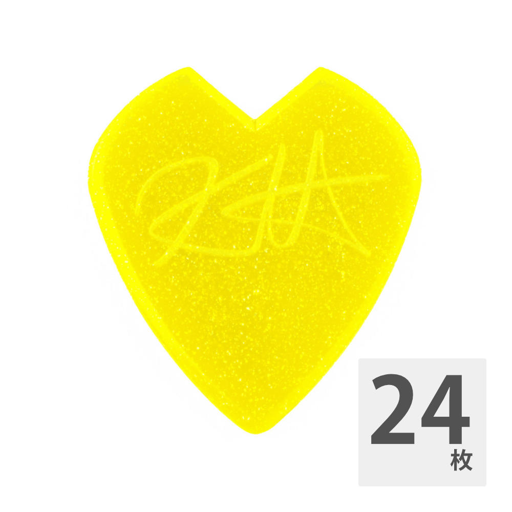 JIM DUNLOP ジムダンロップ 47RKH3NYS Kirk Hammett JAZZ III PICK YELLOW GLITTER ギターピック×24枚。KIRK HAMMETT（カーク・ハメット）の新しいシグネチャー・ピック。目を引く黄色のグリッターカラーは、カーク・ハメットの音楽的ルーツであるパンク・ミュージックと、メタリカの音楽性に大きな影響を与えたNWOBHM（ニュー・ウェーブ・オブ・ブリティッシュ・ヘヴィ・メタル）への原点回帰を表現しています。「2004年頃からこのピックを使い始めて、決して変わることはなかった。このピックを使うようになってから、よりクリアな音でより速くプレイすることができるようになった。V字のカットによりグリップも最高だ。みんなが気に入ってくれることを願っているよ」- Kirk Hammett※24枚セットでの販売です。