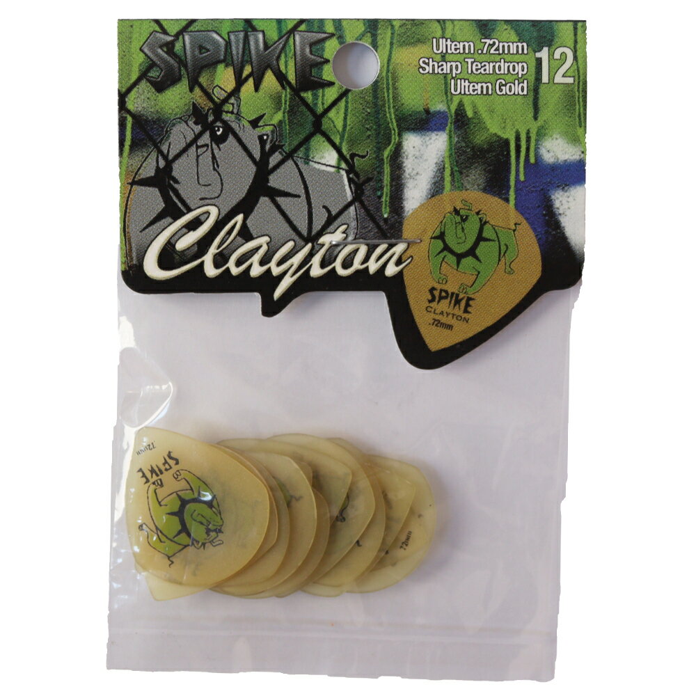 Clayton USA クレイトン USSD72/12 Spike 0.72mm シャープティアドロップ ギターピック×12枚。SPIKEは、素材にUltemを使用。鋭いエッジの効いた形状は切れの良いサウンドで速弾きに対応します。・シェイプ：シャープティアドロップ・ゲージ：0.72mm※12枚セットでの販売です。