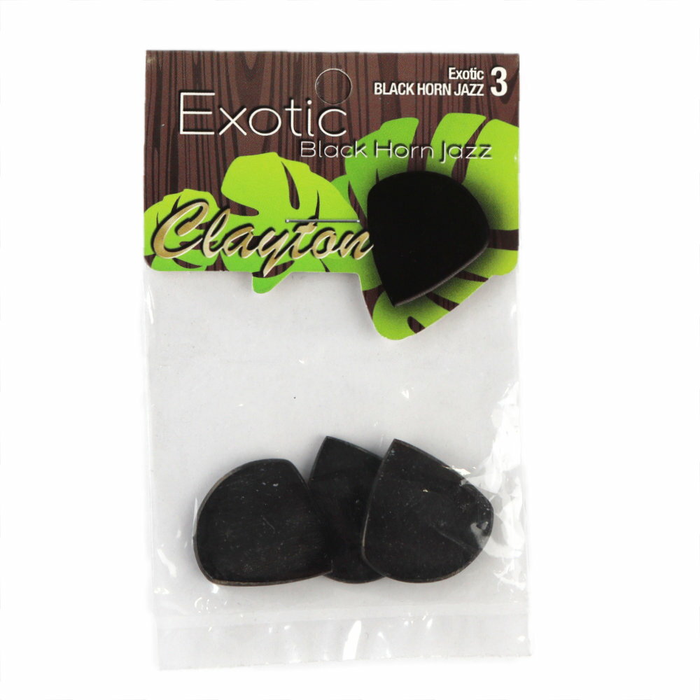 Clayton USA クレイトン BHJ/3 Black Horn Jazz Exotics ギターピック×3枚。天然素材を採用したピックシリーズです。角を使用したブライトでクリアなトーンのピックです。ジャズシェイプに仕上げています。※天然素材のため個体によって柄、杢目が異なります。※3枚セットでの販売です。