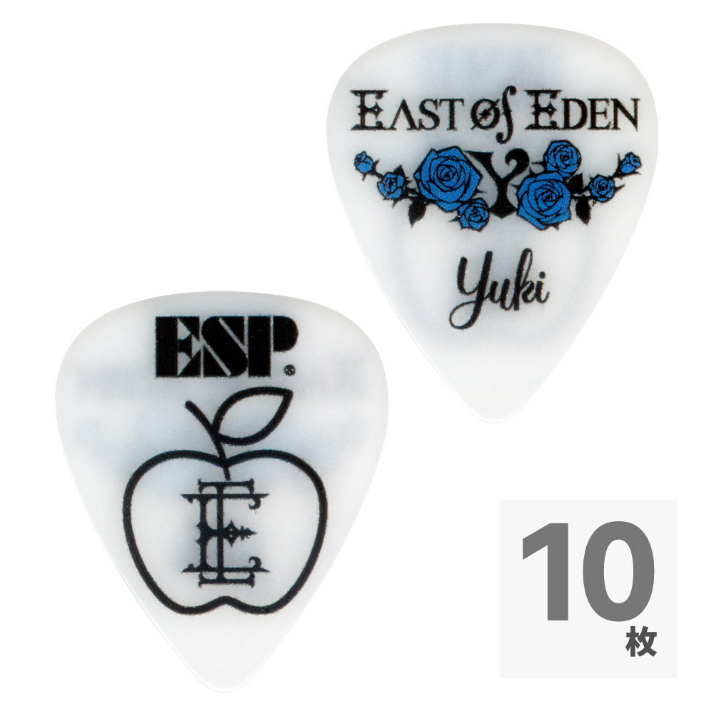 ESP イーエスピー PA-EY08 ティアドロップ型 ギターピック×10枚。East Of Edenで活躍するギタリストYukiのシグネチュアピックが登場。トレードマークの青い薔薇がデザインされています。ピックはポリアセタール製で、厚さは薄めの0.8mmです。【SPEC】材質：ポリアセタール厚さ：0.8mm形状：ティアドロップ※10枚セットでの販売です。