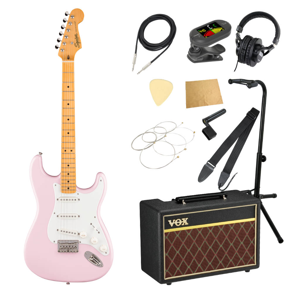 Squier スクワイア スクワイヤー Classic Vibe '50s Stratocaster HT MN Shell Pink エレキギター VOXアンプ付き 入門11点 初心者セット※ギター本体、アンプ以外の小物類に関しては、用途は同じですが掲載画像の製品と異なる場合がございます。あらかじめご了承ください。エレキギターにVOXアンプ「VOX Pathfinder10」、ケーブル、チューナー、ストラップ、換え弦、スタンド、ピック、クロス、ヘッドホン、ストリングワインダーをお付けした11点セットです。---------------Squier スクワイア スクワイヤー Classic Vibe '50s Stratocaster HT MN Shell Pink エレキギター1950年代のストラトキャスター黎明期を称えるClassic Vibe ‘50s Stratocaster HTは、Fenderデザインのアルニコシングルコイルピックアップを3基搭載し、極上のトーンを生み出します。1955年に初めて導入されたハードテイルブリッジ（HT）は、安定したイントネーションを提供し、ストリングスルーボディ構造によって最適なボディレゾナンスを実現します。往年の名器の風格を持つSquierモデルは、1950年代風のヘッドストックデカール、重厚感のあるニッケルメッキハードウェア、そしてクラシックな雰囲気を醸し出すヴィンテージティント仕上げのグロスネックも特徴です。・50年代のオリジナルストラトキャスターをベースに開発・Fenderが設計したアルニコピックアップを搭載・ヴィンテージの風合いに加工されたグロスネックフィニッシュ・ニッケルプレートハードウェア装備・年代の特徴を正確に反映したヘッドストック【スペック】・プロダクトネーム：Classic Vibe '50s Stratocaster HT, Maple Fingerboard, Parchment Pickguard, Shell Pink・モデル番号：0374008556・シリーズ：Classic Vibe・オリエンテーション：Right-Hand・カラー：Shell Pink・ネック：Maple・ネックフィニッシュ：Tinted Gloss Urethane・ネックシェイプ："C" Shape・フィンガーボードラジアス：9.5" (241 mm)・フィンガーボードの素材：Maple・ポジションインレイ：Black Dot・サイドドット：・フレット数：21・トラスロッド：Head Adjust・ナット：Bone・ナット幅：1.650" (42 mm)・ナットの素材：Bone・ボディ：Poplar・ボディフィニッシュ：Gloss Polyurethane・ボディシェイプ：Stratocaster・ボディ素材：Poplar・ブリッジ：6-Saddle String-Through-Body Hardtail with Bent Steel Saddles・ピックガード：1-Ply Parchment・ピックアップカバー：Aged White・コントロールノブ：Aged White・ハードウェアフィニッシュ：Nickel・チューニングマシーン：Vintage-Style・ストリング：Nickel Plated Steel (.009-.042 Gauges)・ネックプレート：4-Bolt Squier・ブリッジピックアップ：Fender Designed Alnico Single-Coil・ミドルピックアップ：Fender Designed Alnico Single-Coil・ネックピックアップ：Fender Designed Alnico Single-Coil・ピックアップコンフィギュレーション：SSS・コントロール：Master Volume, Tone 1. (Neck/Middle Pickups), Tone 2. (Bridge Pickup)・スウィッチ：5-Position Blade: Position 1. Bridge Pickup, Position 2. Bridge Outer and Middle Pickup, Position 3. Middle Pickup, Position 4. Middle and Neck Pickup, Position 5. Neck Pickup・フレットサイズ：Narrow Tall・スケール：25.5" (64.77 cm)---------------●セット内容・エレキギター本体・VOX Pathfinder10 ギターアンプ・シールドケーブル・クリップチューナー・ストラップ・エレキギター弦・ギター/ベーススタンド・ピック・ヘッドホン・ケアクロス・ストリングワインダー